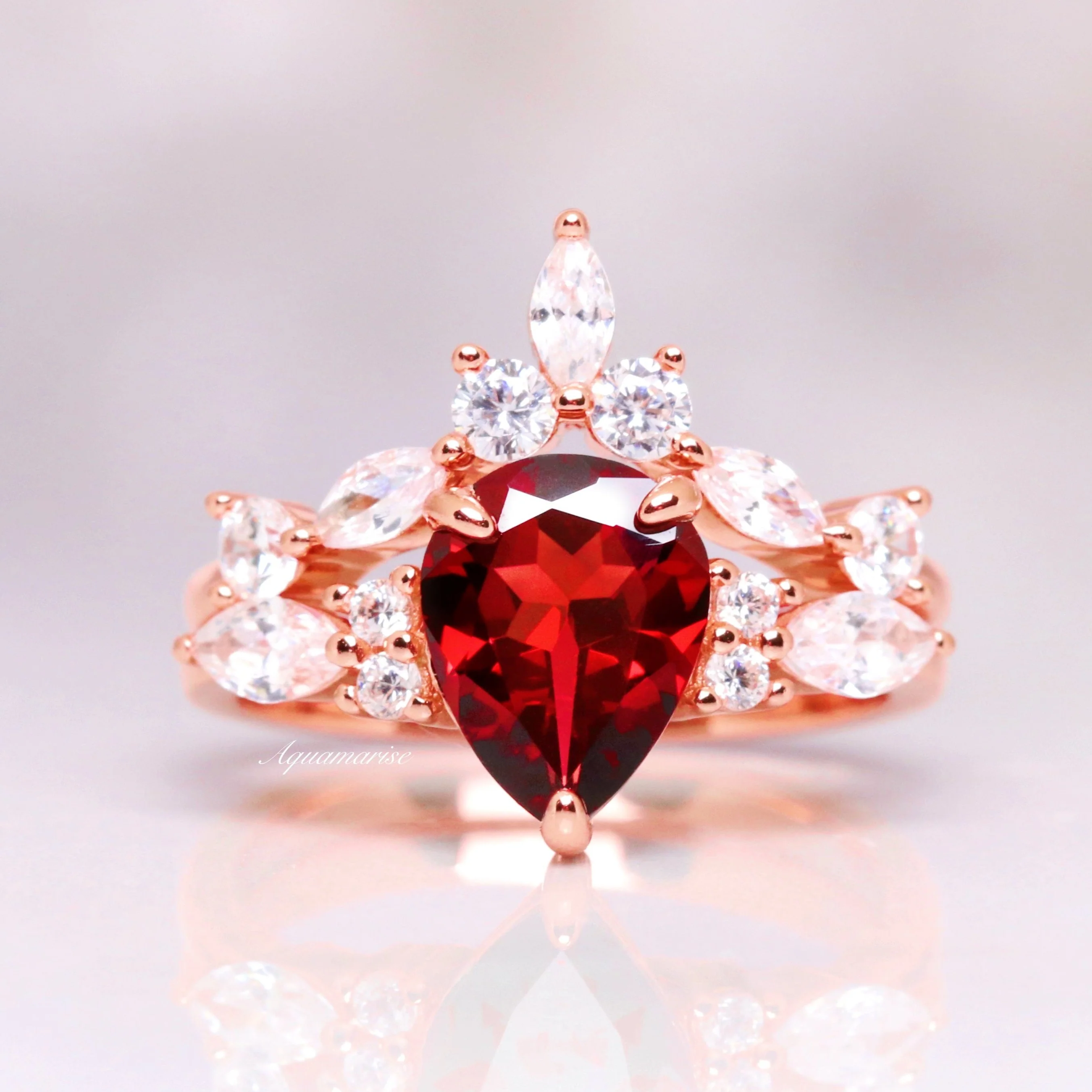 Evelyn Red Garnet Ring Set- 14K Solid Rose Gold