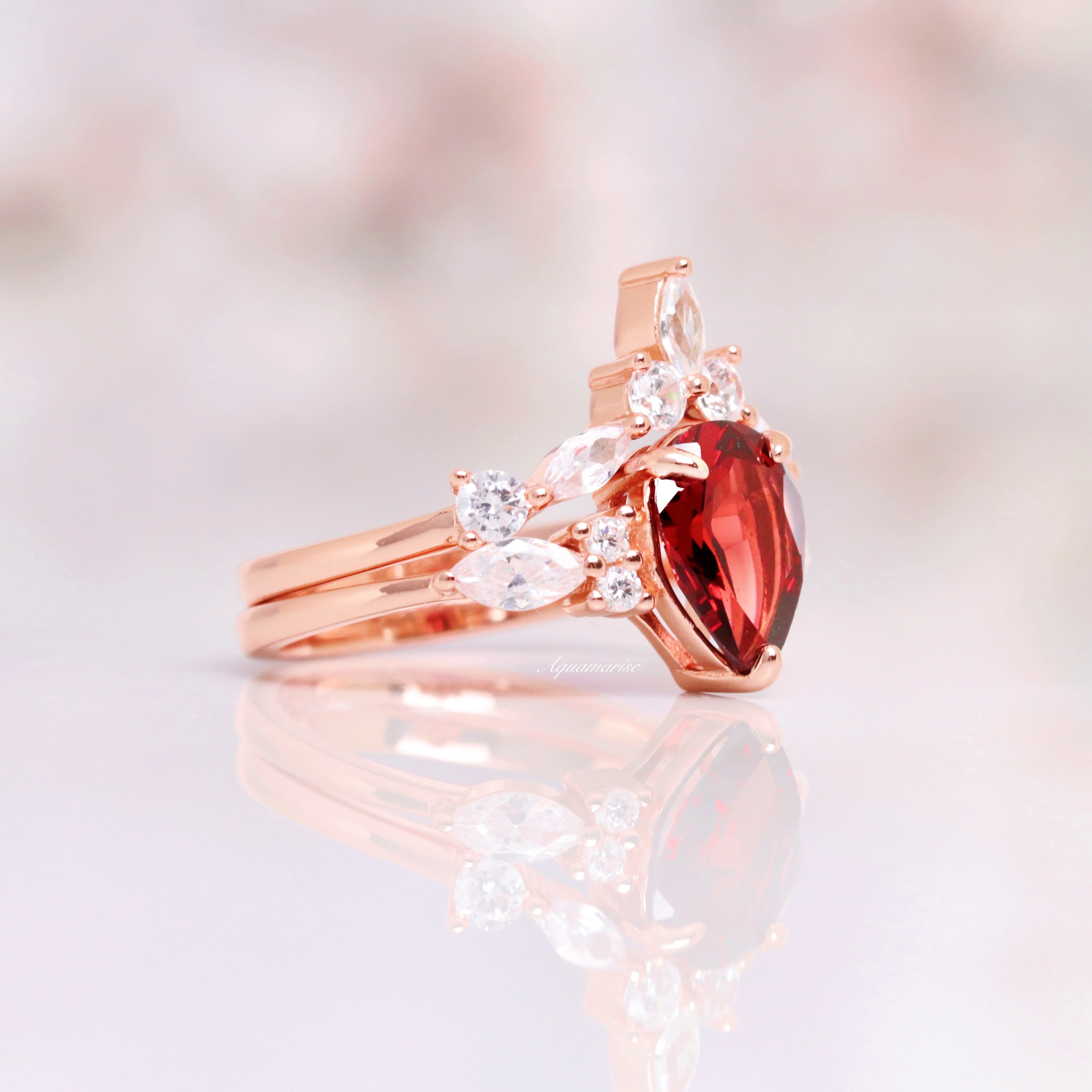 Evelyn Red Garnet Ring Set- 14K Solid Rose Gold - Image 8