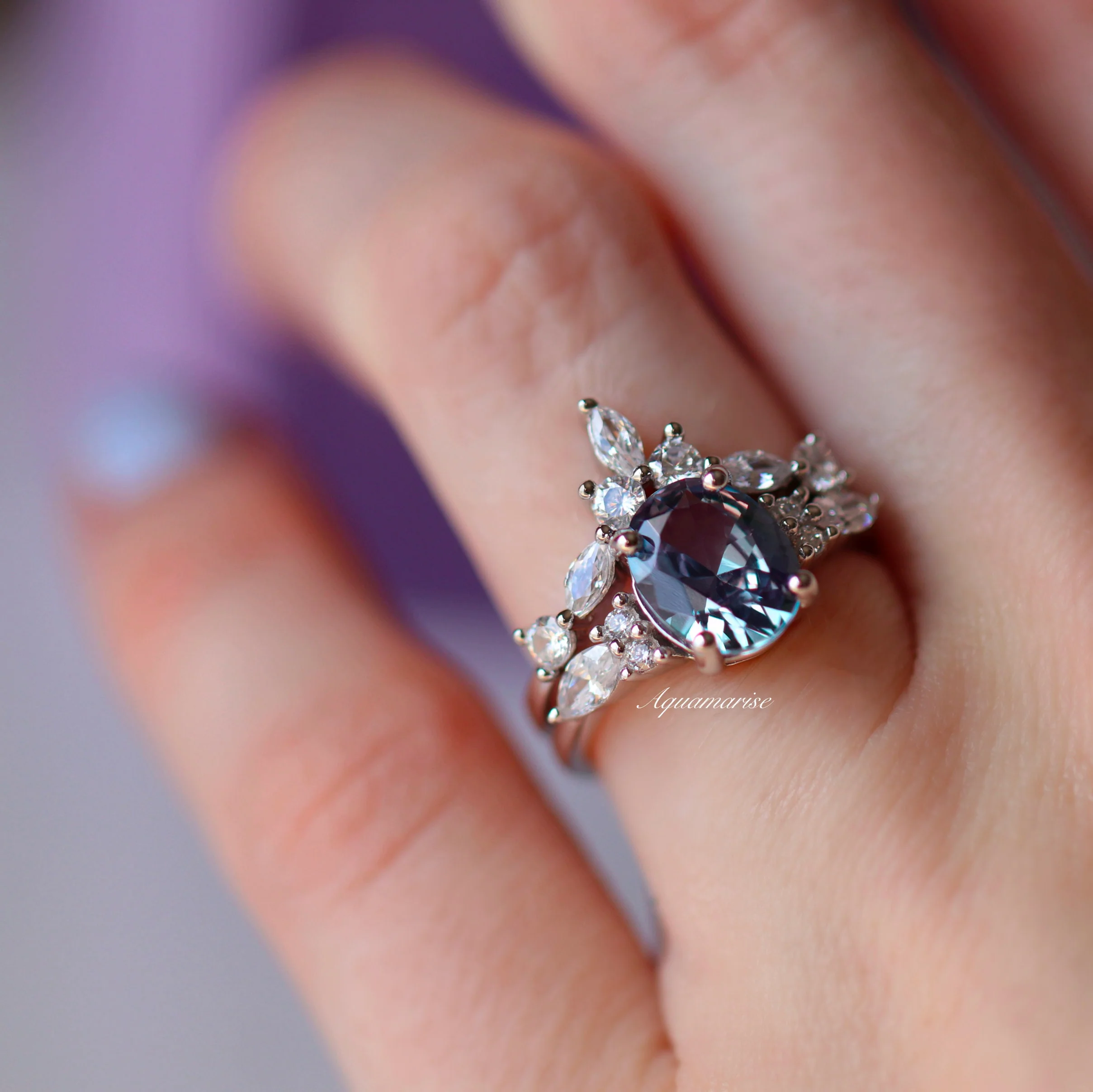 Evelyn Alexandrite Engagement Ring Set in 14K White Gold - Image 2