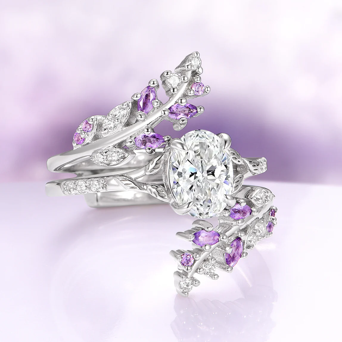 Oval Cut Lab-Grown Diamond & Amethyst Leaf Engagement Ring Set in 14K White Gold (IGI Certified) - Image 6