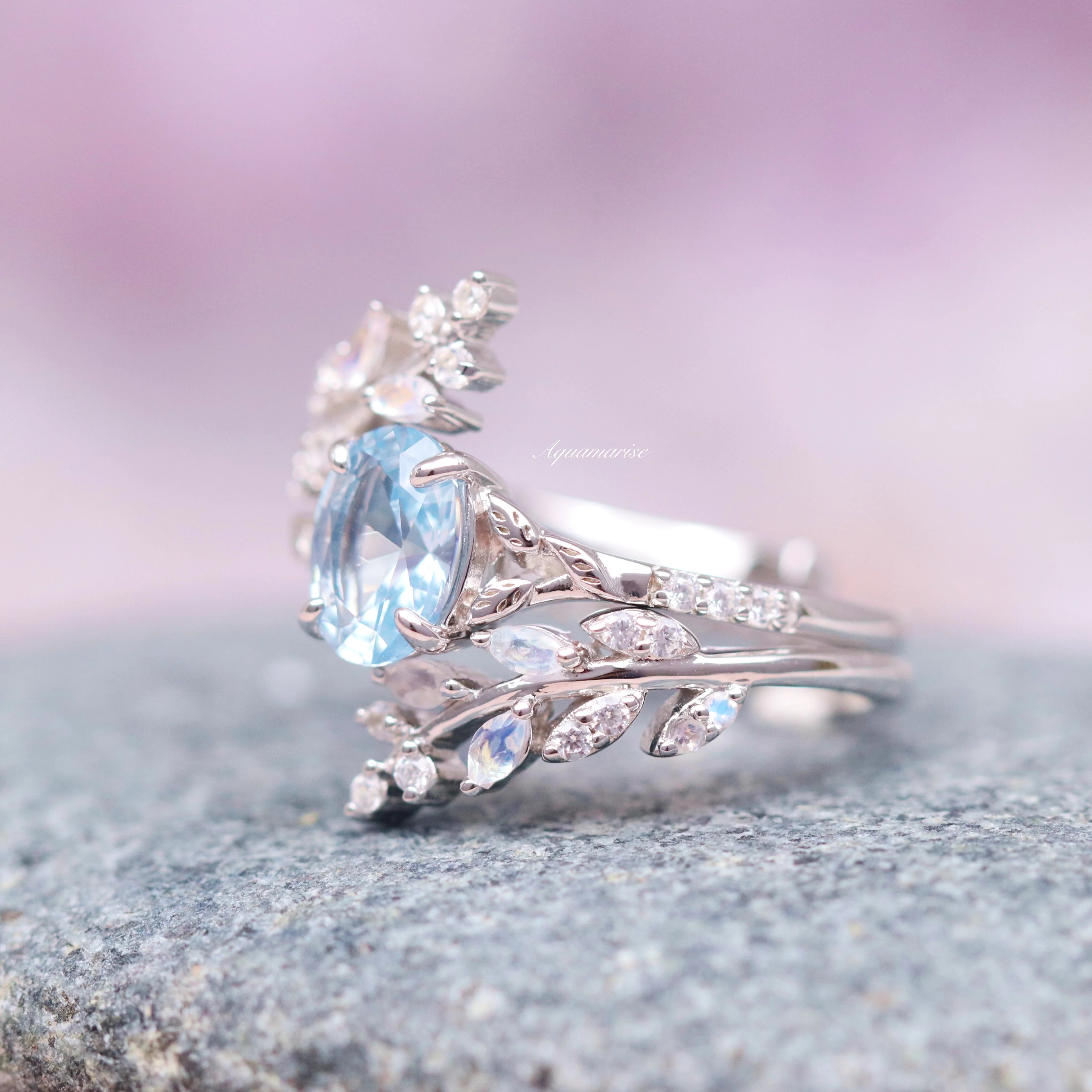 Aquamarine & Moonstone Fairy Leaf Ring Set-  Sterling Silver - Image 3