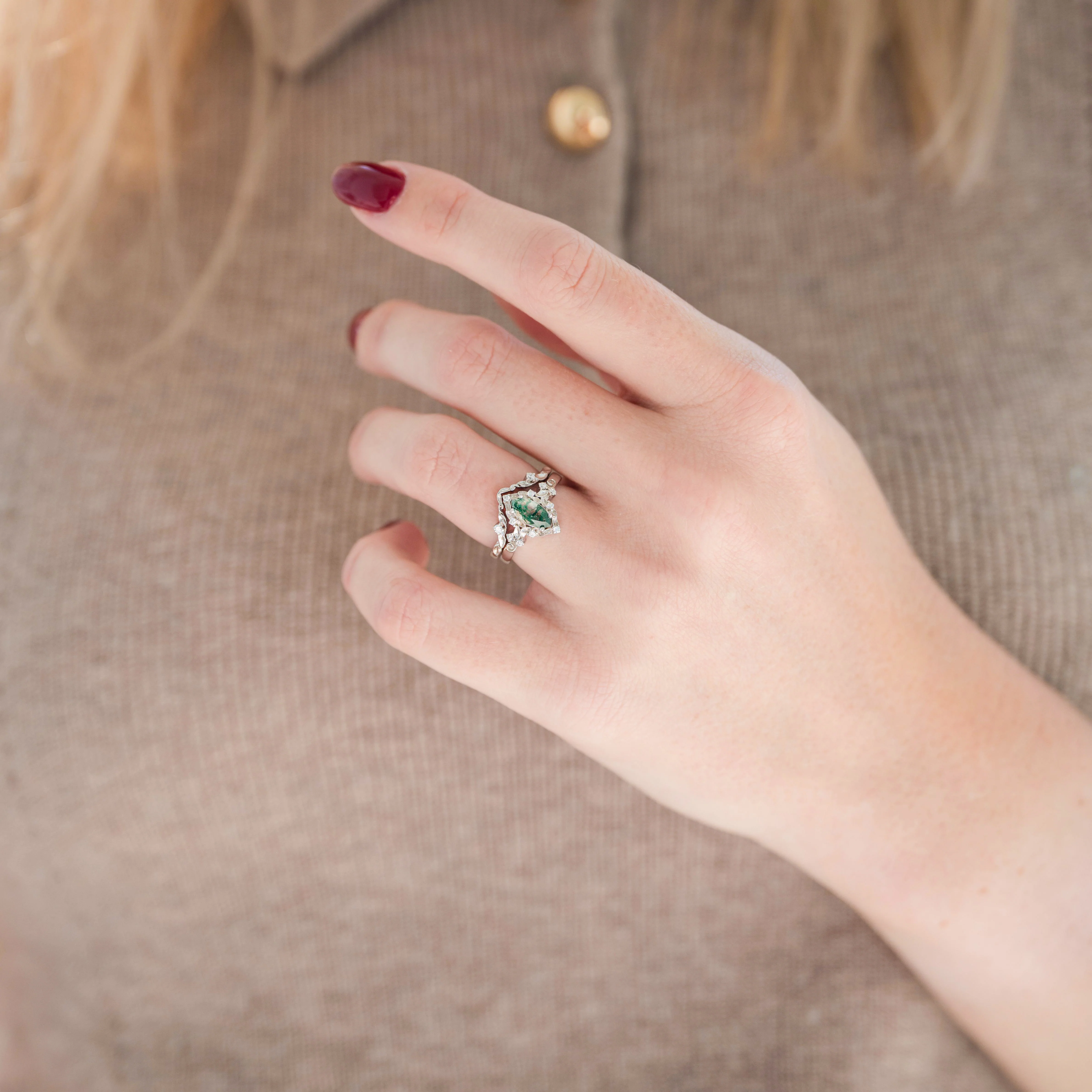 Fairy Green Moss Agate Leaf Ring Set- Sterling Silver - Image 3