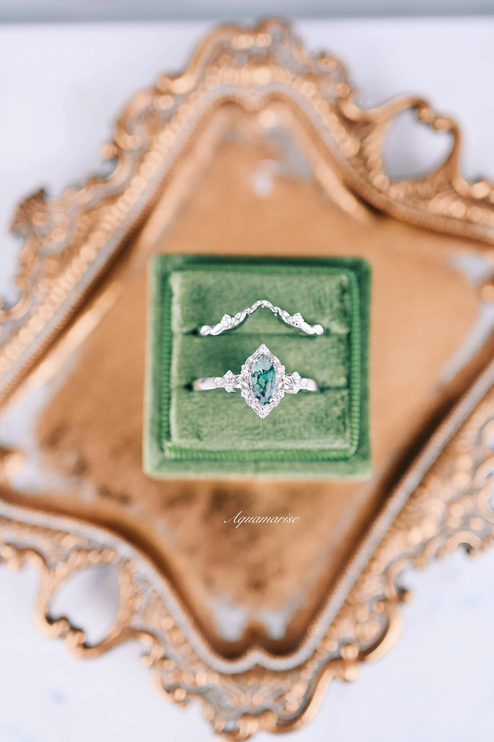 Fairy Green Moss Agate Leaf Ring Set- Sterling Silver - Image 6
