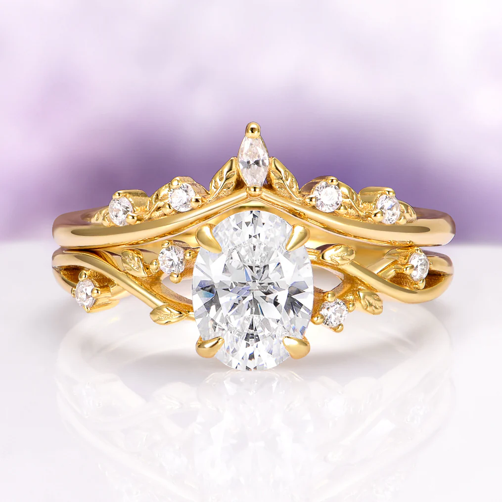 Lab-Grown Diamond Fairy Leaf  Engagement Ring Set in 14K Solid Yellow Gold (IGI Certified)