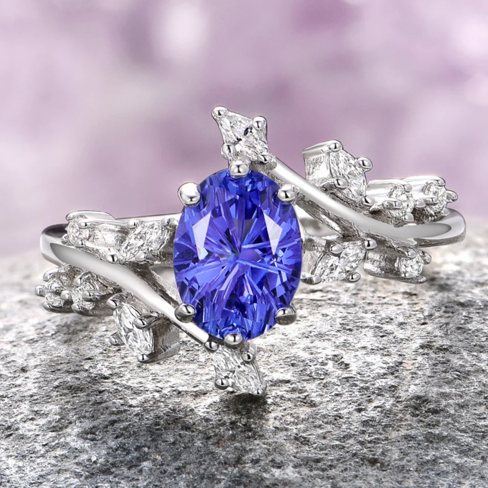 Fireworks Cut Sapphire Leaf Engagement Ring in 14K White Gold