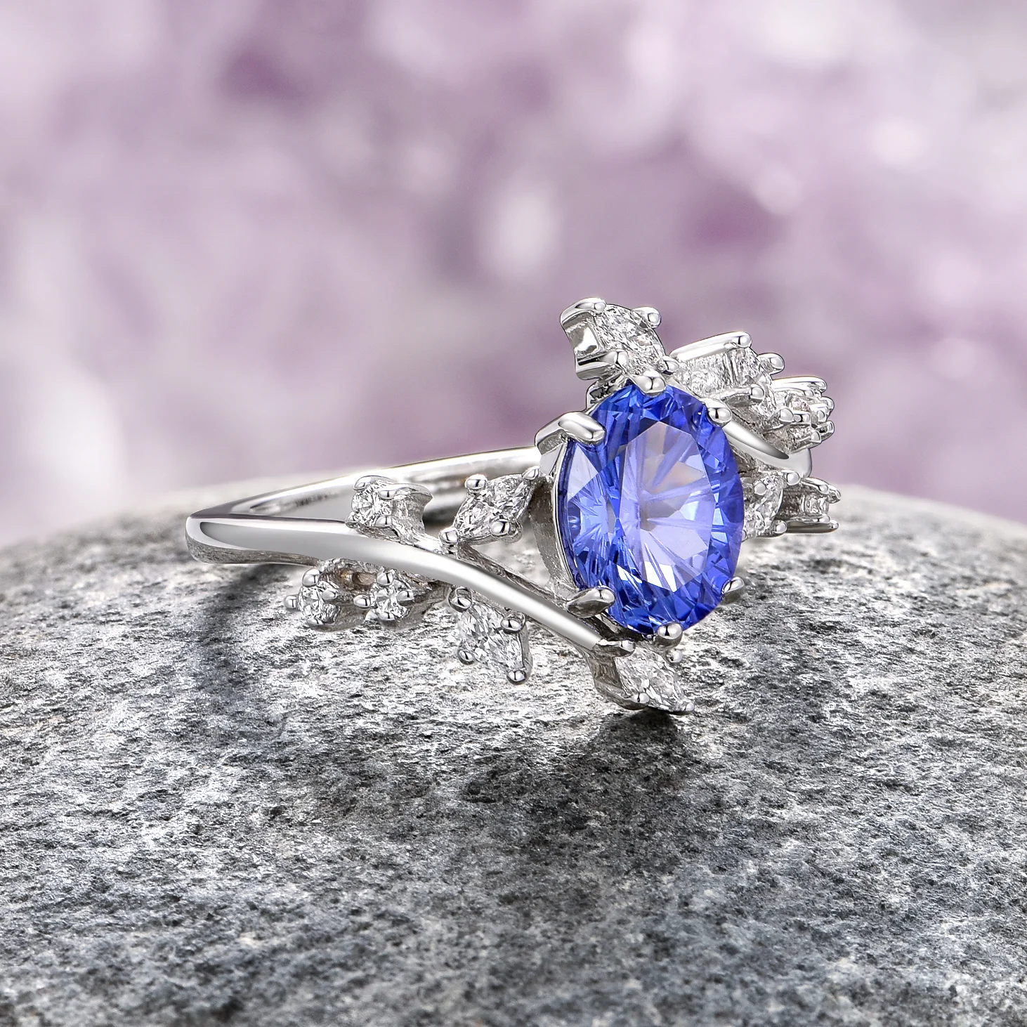 Fireworks Cut Sapphire Leaf Engagement Ring in 14K White Gold - Image 2