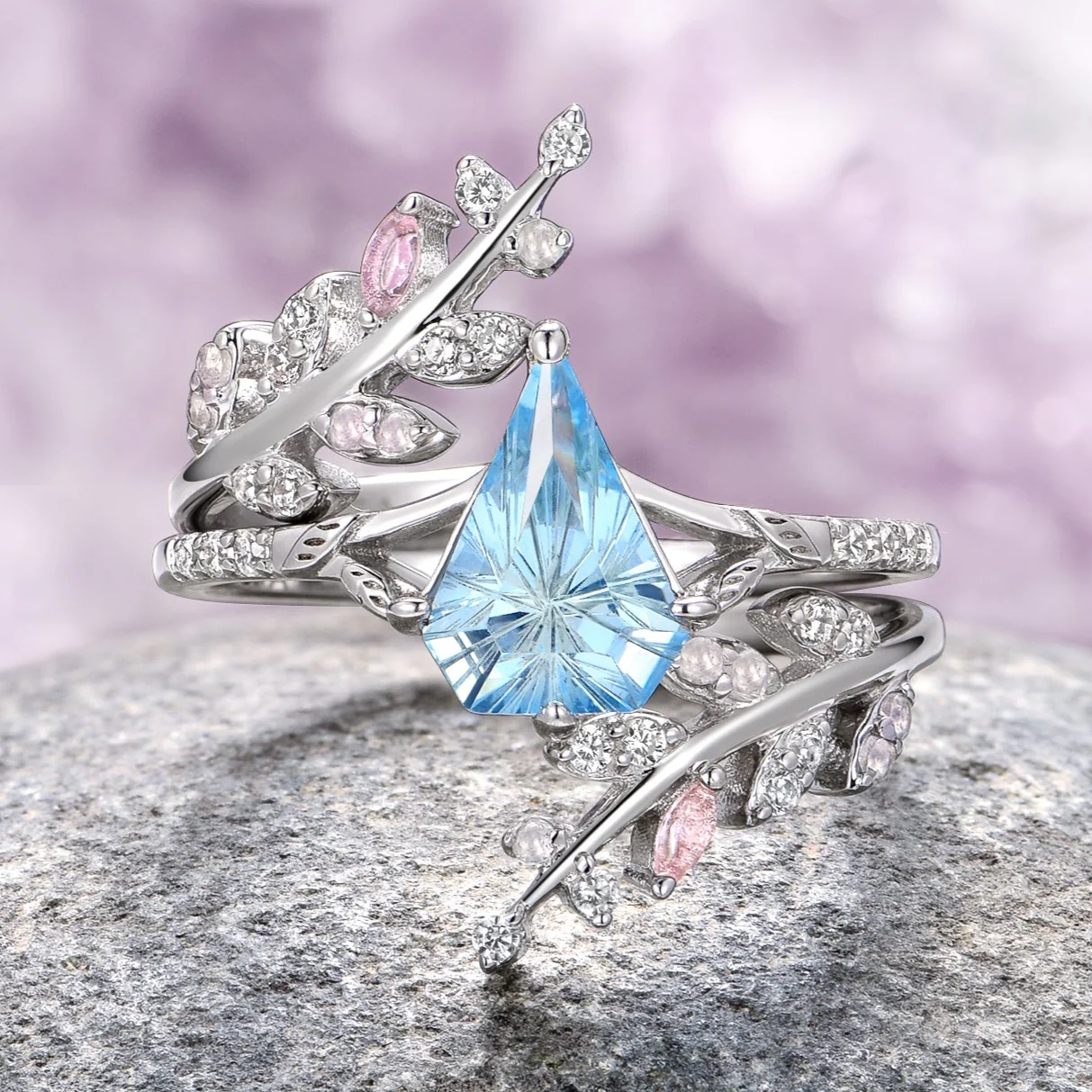 Fantasy Shield Cut Aquamarine & Rose Quartz Ring Set in Sterling Silver