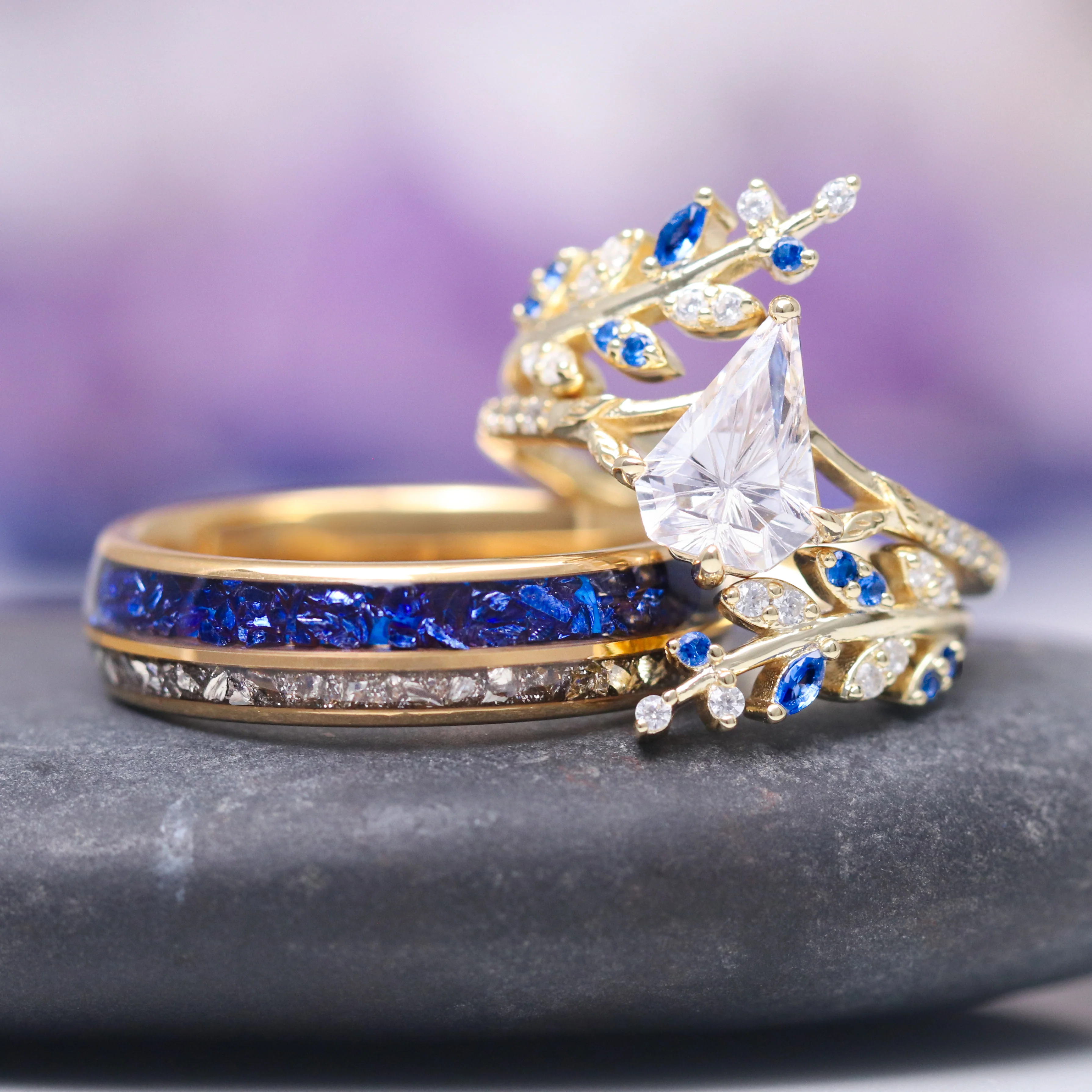 Fantasy Shield Cut Moissanite & Blue Sapphire Ring Set- 14K Solid Yellow Gold - Image 2