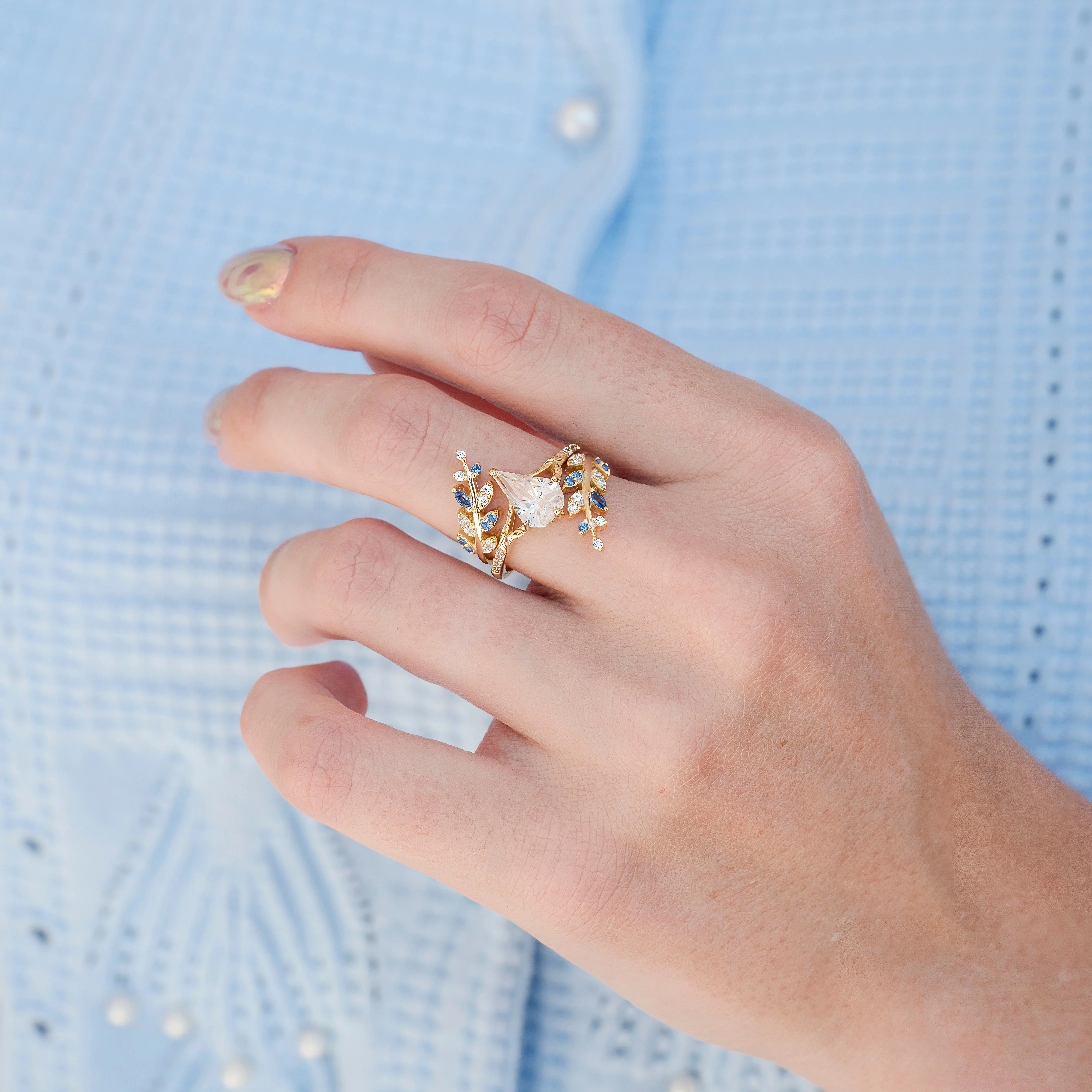 Fantasy Shield Cut Moissanite & Blue Sapphire Ring Set- 14K Solid Yellow Gold - Image 3