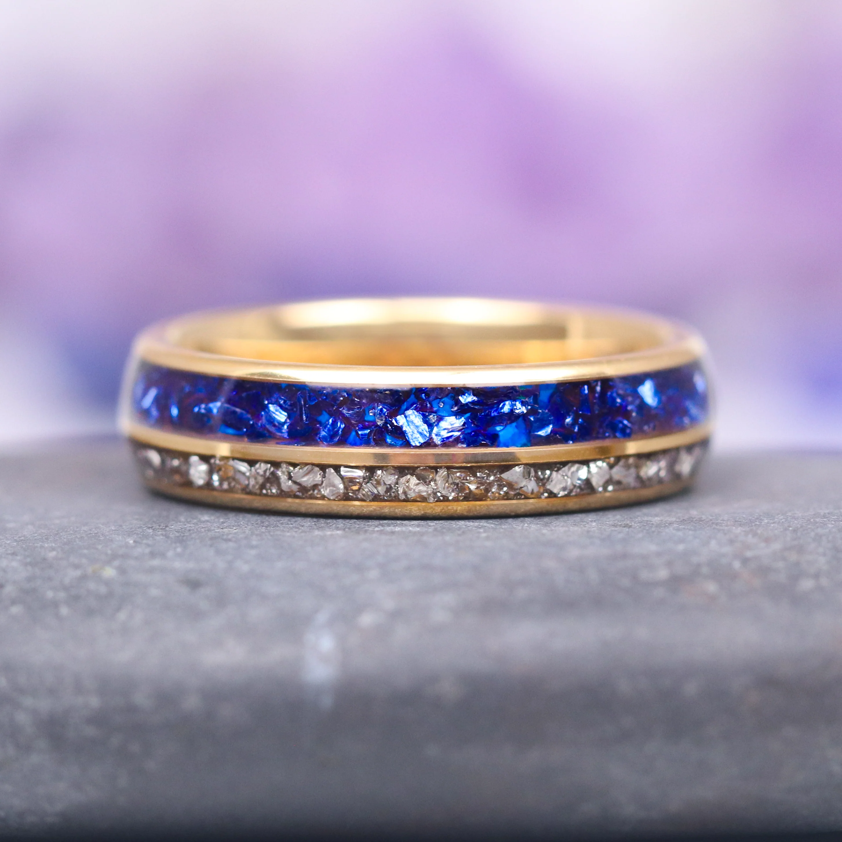 Blue Sapphire & Fantasy Shield Cut Diamond (CZ) Couples Ring Set - Image 4