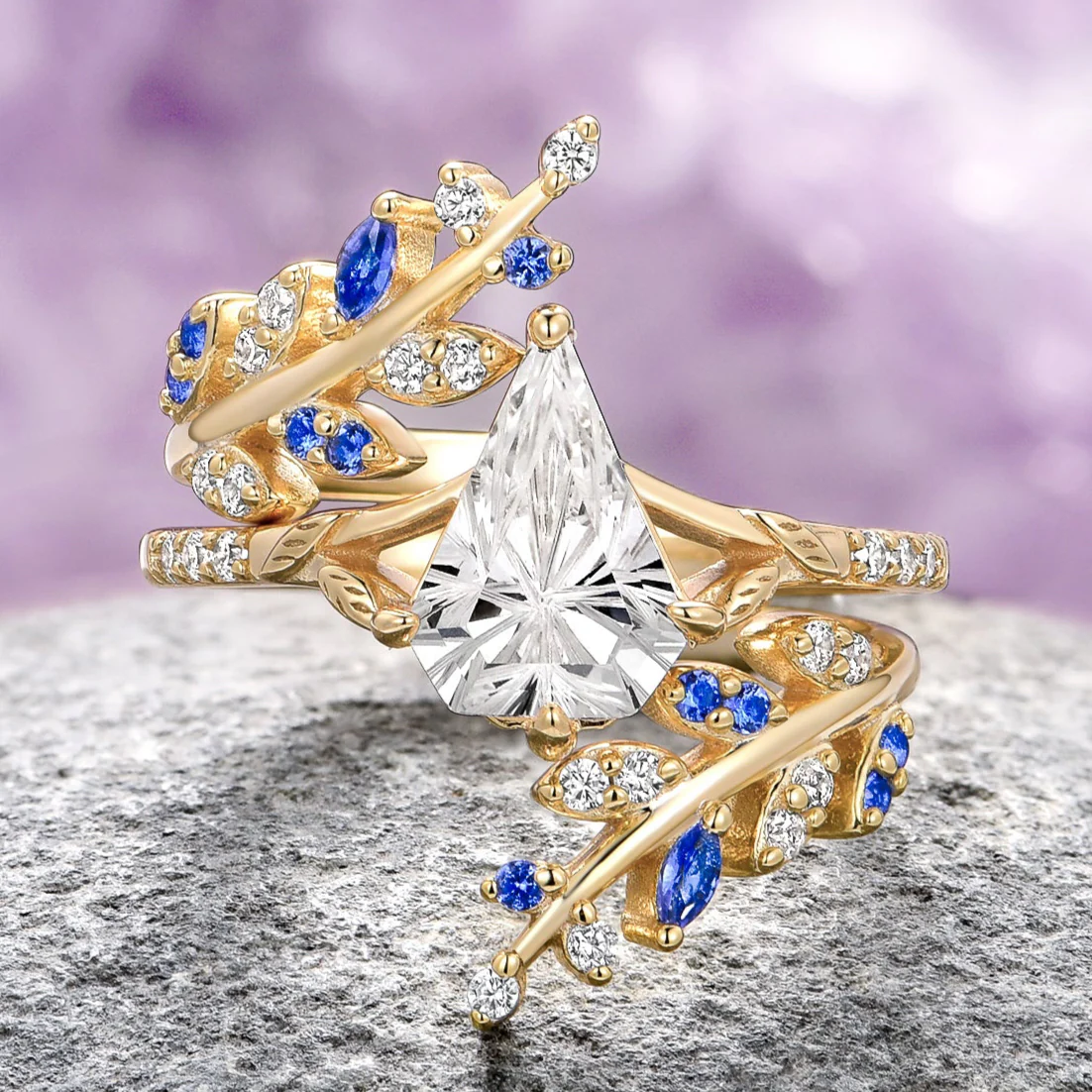 Fantasy Shield Cut Moissanite & Blue Sapphire Ring Set- 14K Solid Yellow Gold