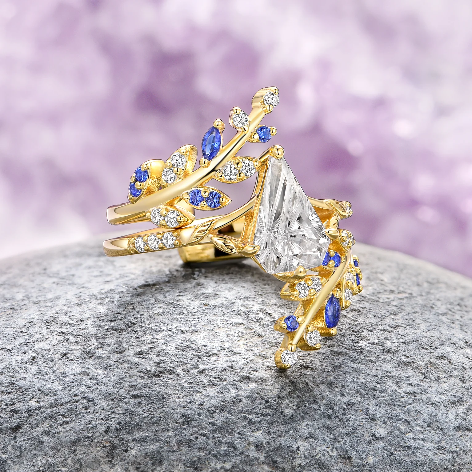 Fantasy Shield Cut Moissanite & Blue Sapphire Ring Set- 14K Solid Yellow Gold - Image 4