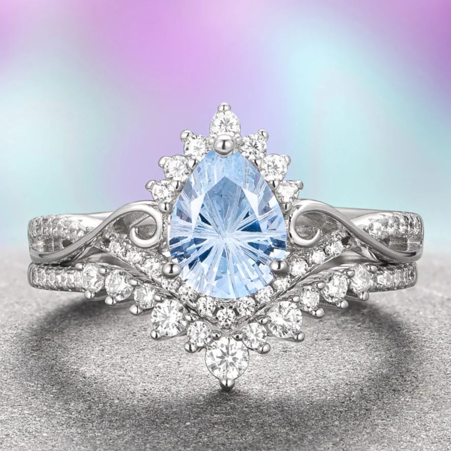 Faye Aquamarine Ring Set- Sterling Silver (Fantasy Cut)