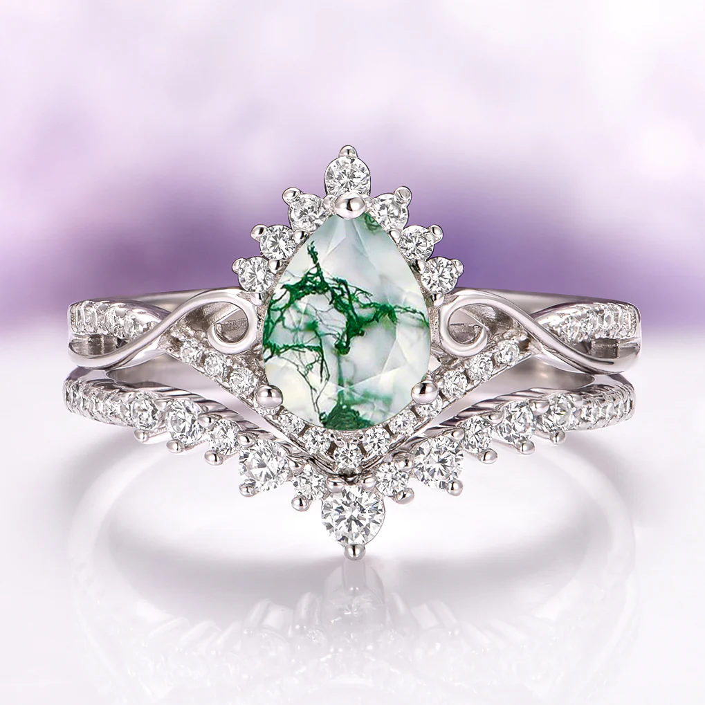 Faye Green Moss Agate Engagement Ring Set in 14K White Gold