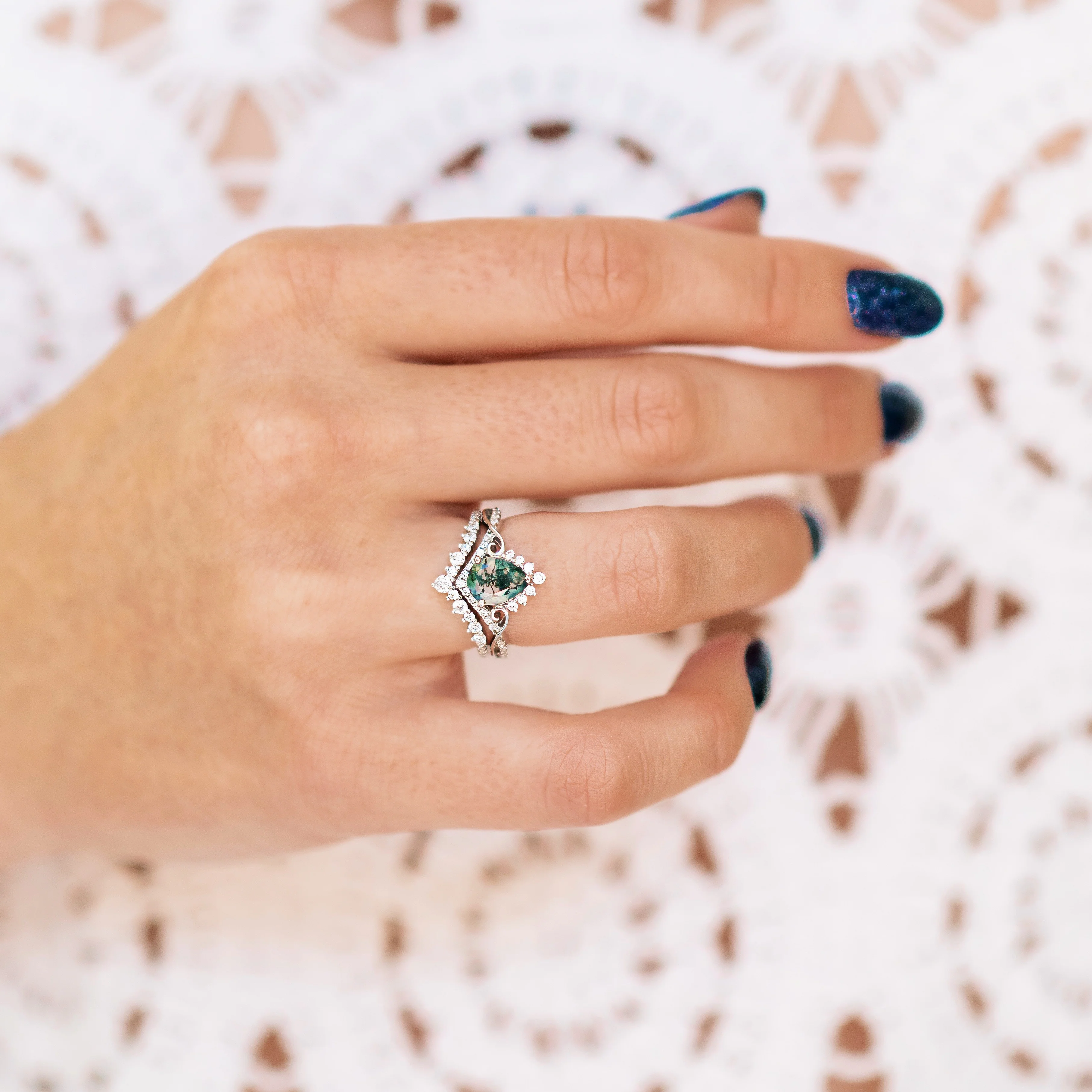 Faye Green Moss Agate Engagement Ring Set in 14K White Gold - Image 2