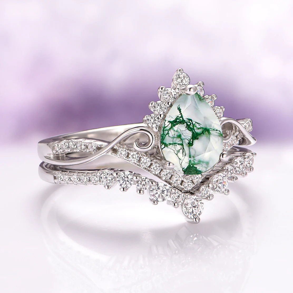 Faye Green Moss Agate Engagement Ring Set in 14K White Gold - Image 3