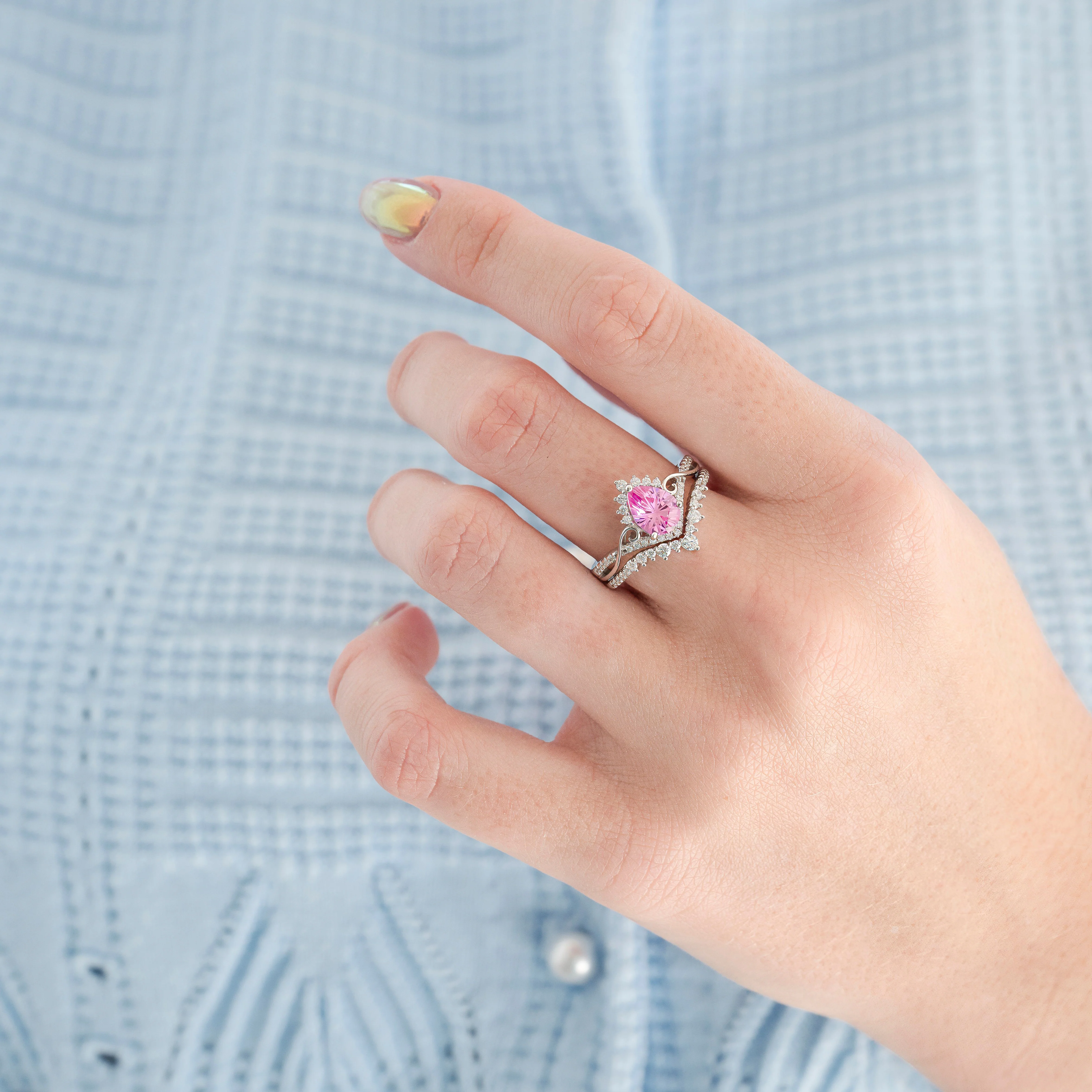 Faye Pink Sapphire Engagement Ring Set- Sterling Silver (Fantasy Cut) - Image 2