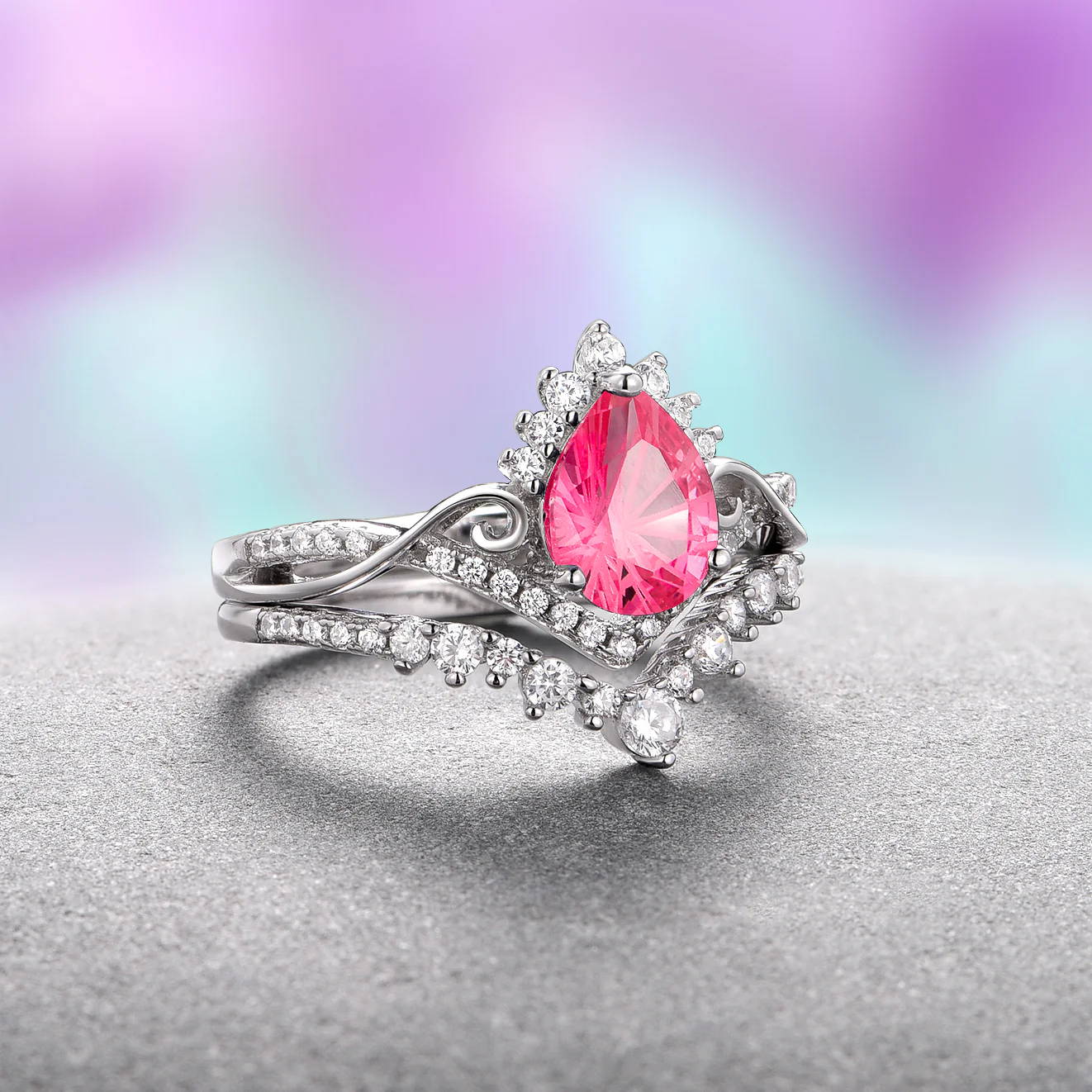 Faye Pink Sapphire Engagement Ring Set- Sterling Silver (Fantasy Cut) - Image 3