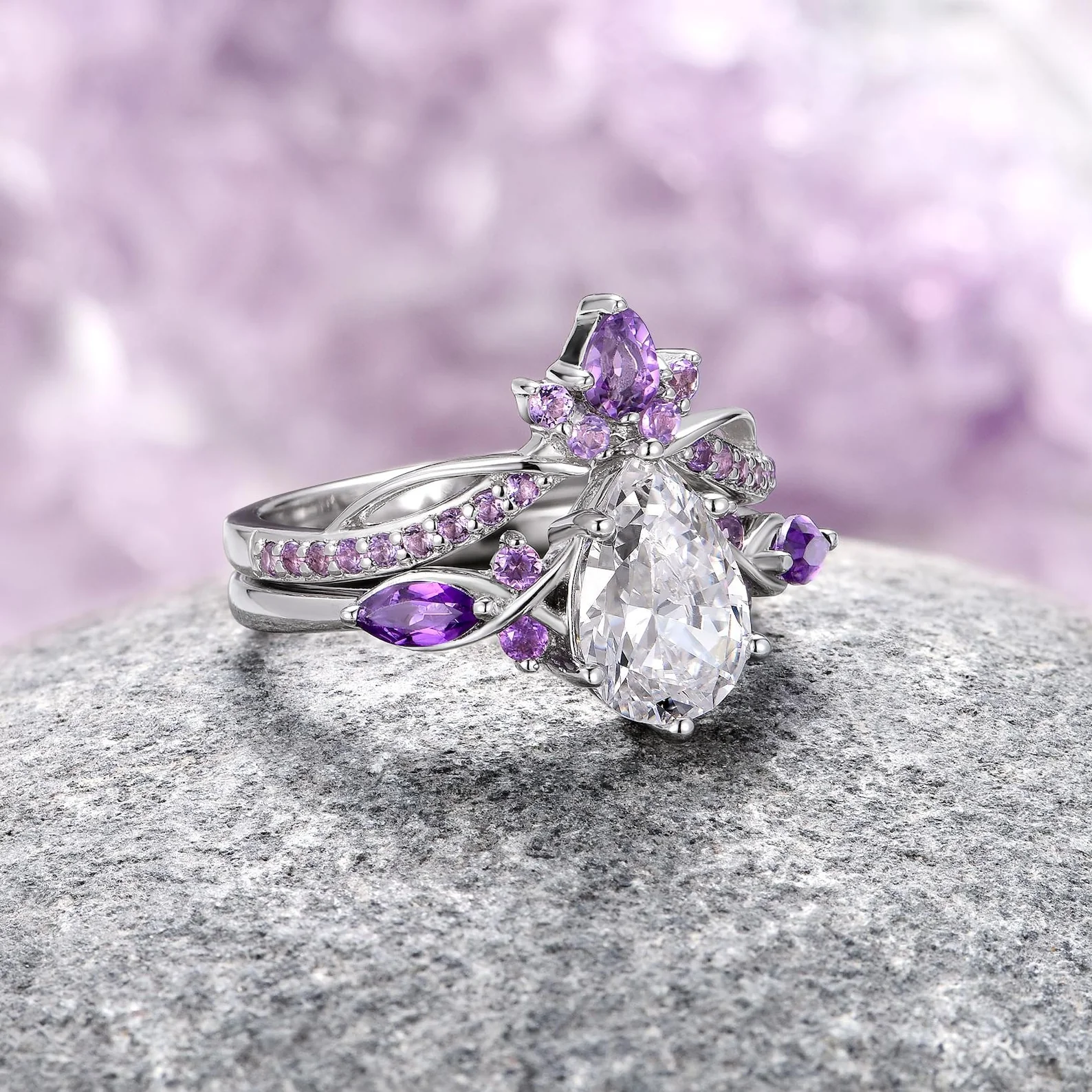 Feyra Amethyst & Simulated Diamond Couples Ring Set - Image 7