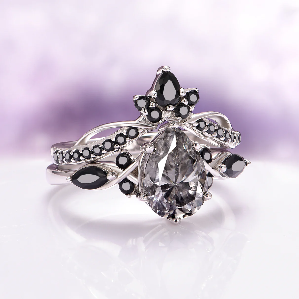 Feyra Black Onyx Tiara Wedding Band- 14K White Gold - Image 4