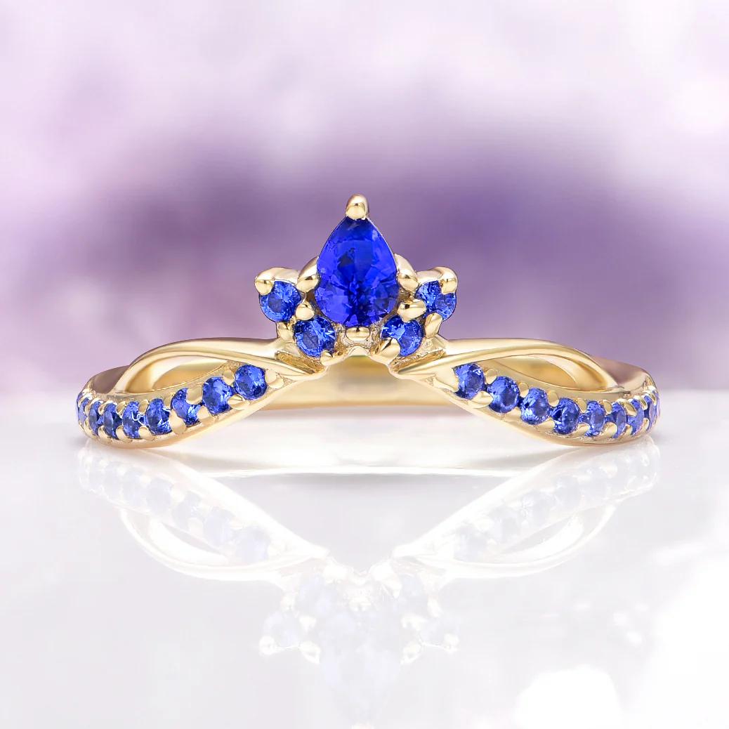 Feyra Blue Sapphire Crown Wedding Band in 14K Solid Yellow Gold