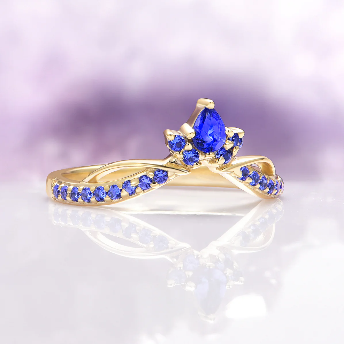 Feyra Blue Sapphire Crown Wedding Band in 14K Solid Yellow Gold - Image 2