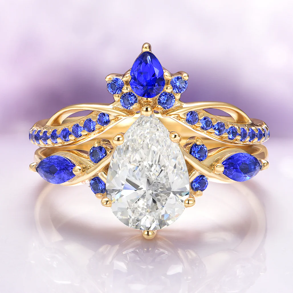Feyra Blue Sapphire Crown Wedding Band in 14K Solid Yellow Gold - Image 3