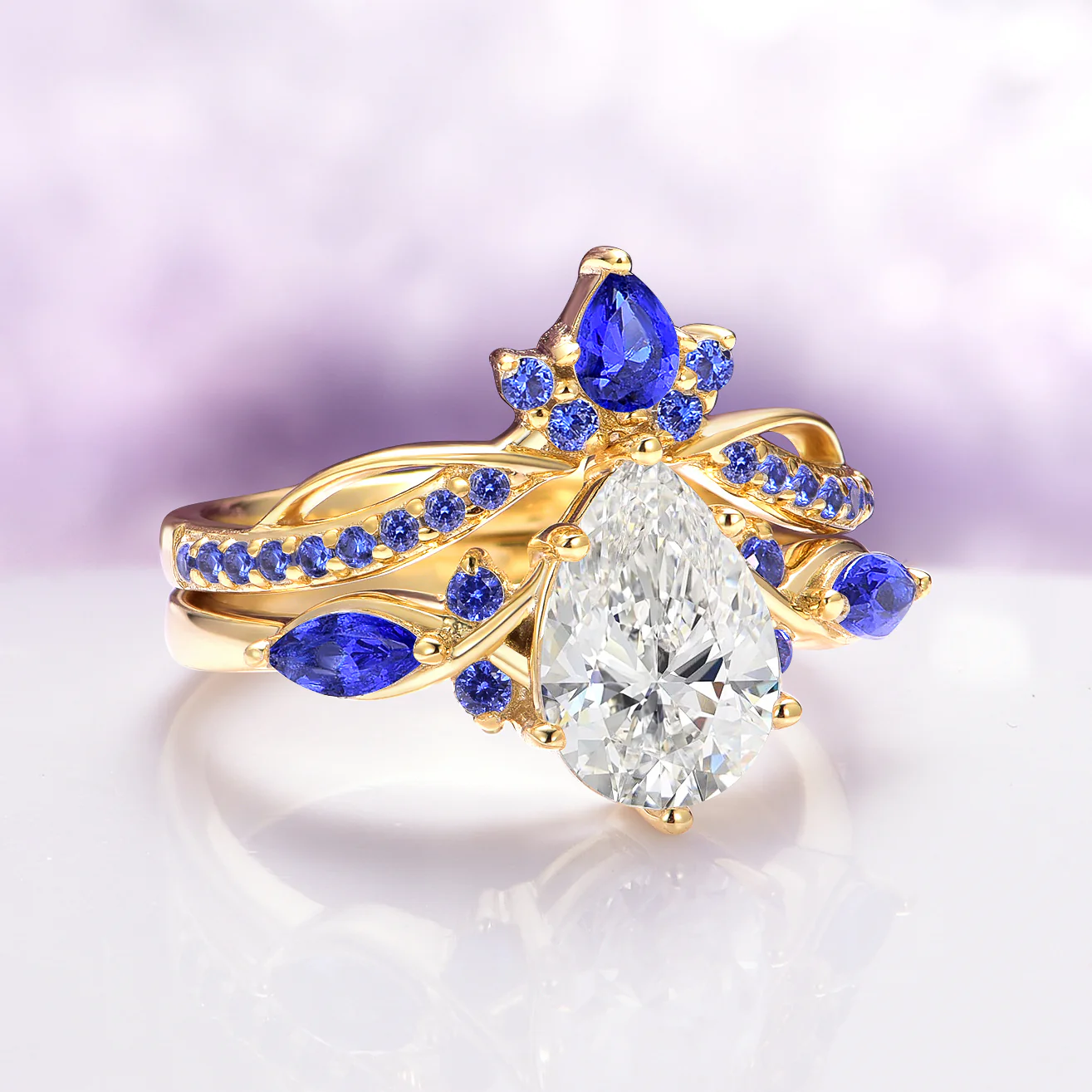 Feyra Blue Sapphire Crown Wedding Band in 14K Solid Yellow Gold - Image 4