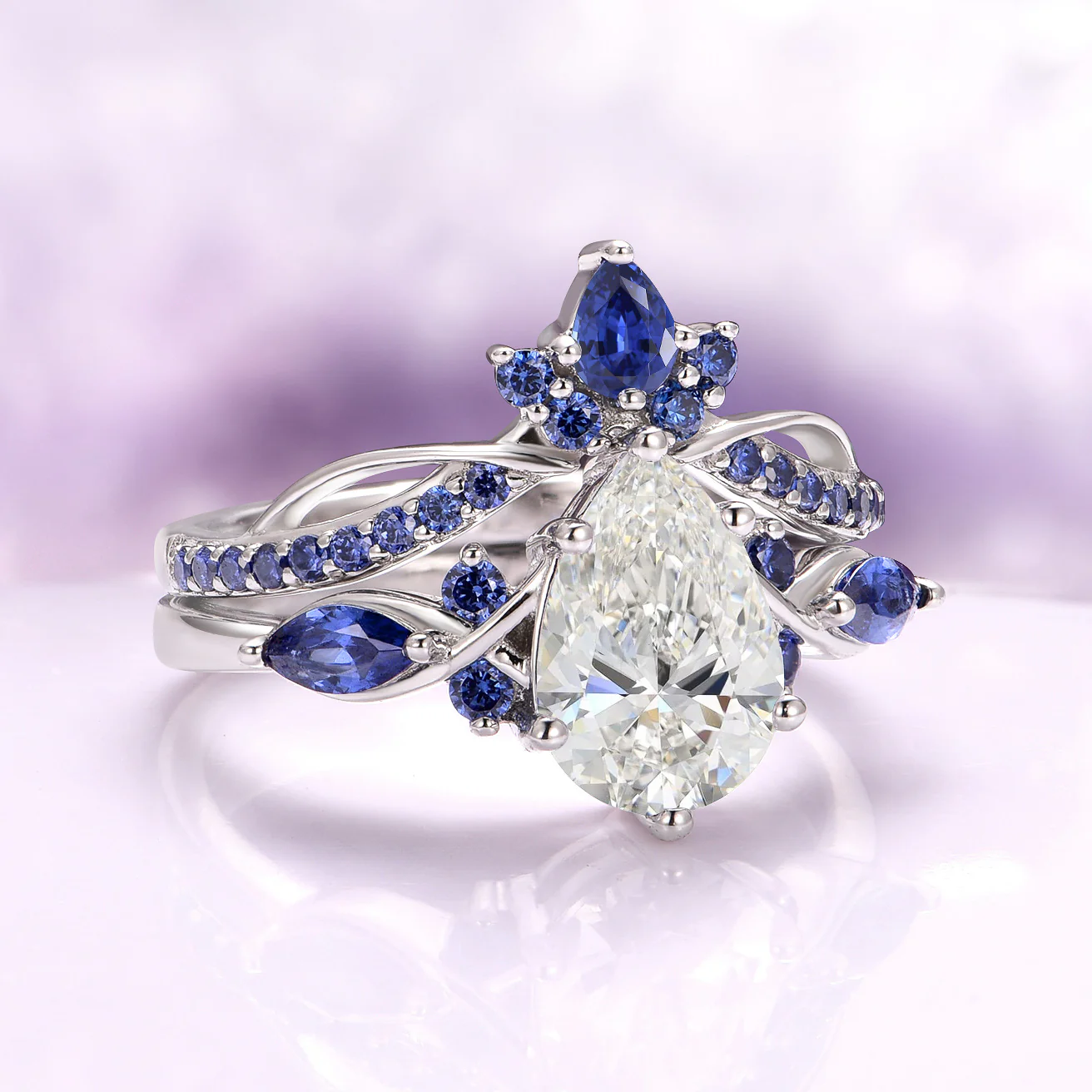 Feyra Blue Sapphire Crown Wedding Band in 14K White Gold - Image 4