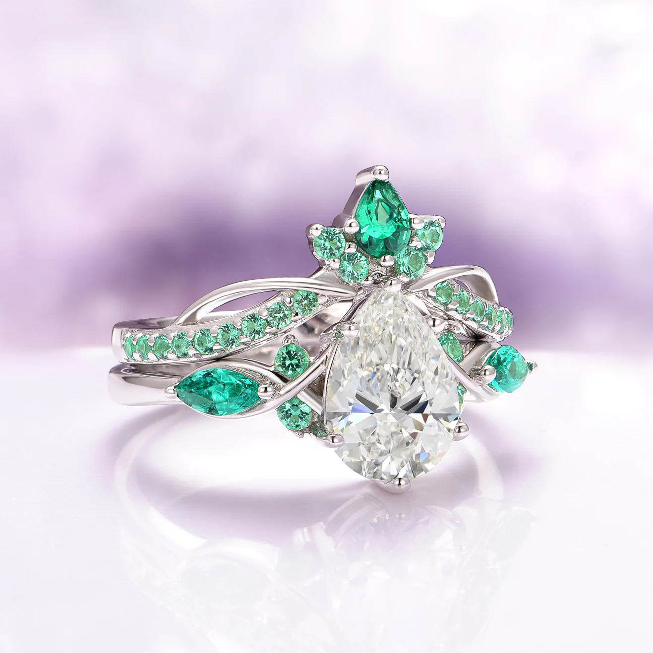 Feyra Lab-Grown Diamond and Emerald Ring Set- 14K White Gold (IGI Certified) - Image 2