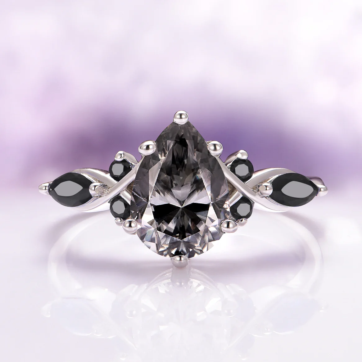 Feyra Gray Moissanite & Black Onyx Ring Set- 14K White Gold - Image 4