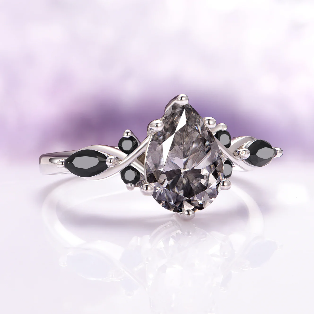 Feyra Gray Moissanite & Black Onyx Ring Set- 14K White Gold - Image 3