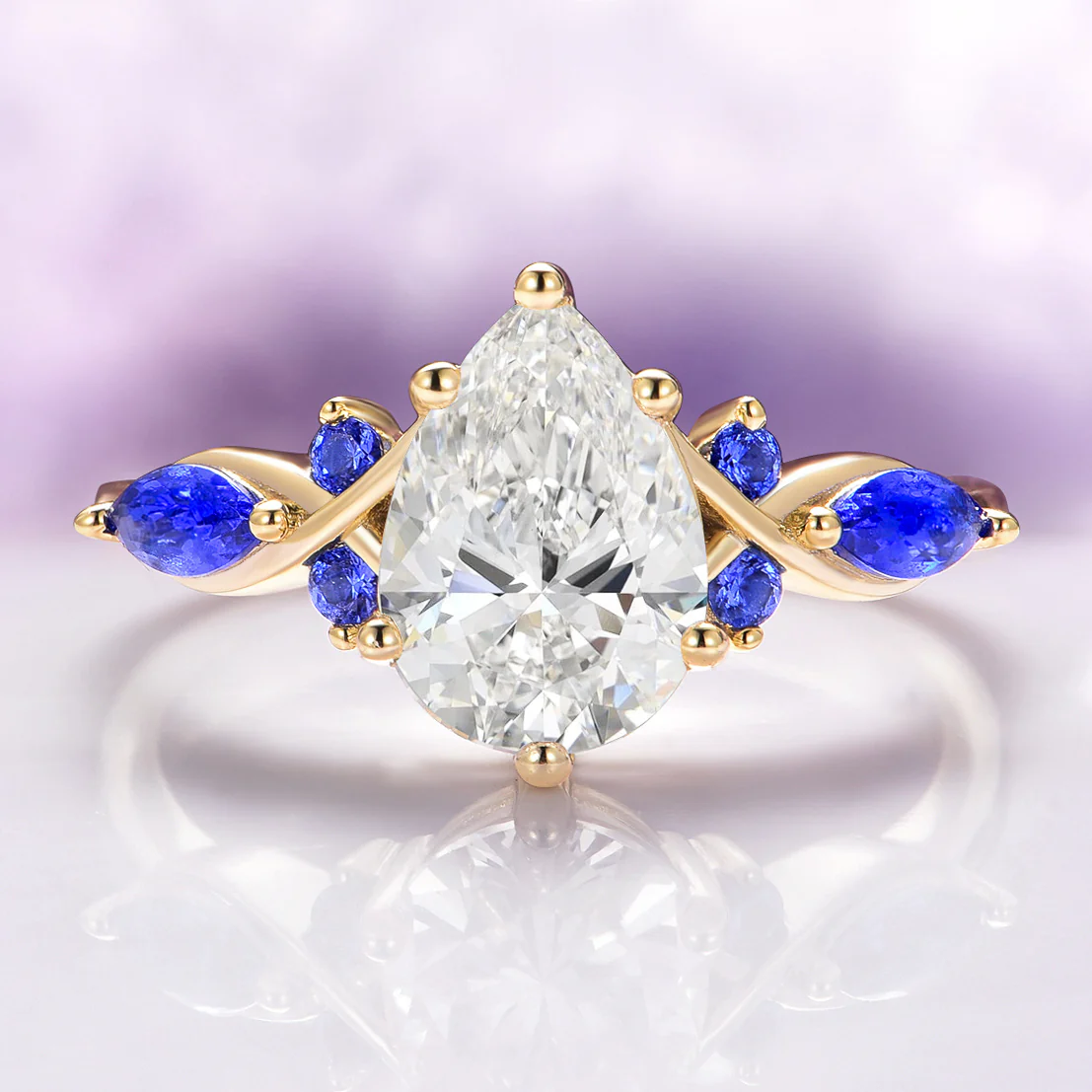 Feyra Lab-Grown Diamond and Blue Sapphire Engagement Ring Set in 14K Solid Yellow Gold (IGI Certified) - Image 3