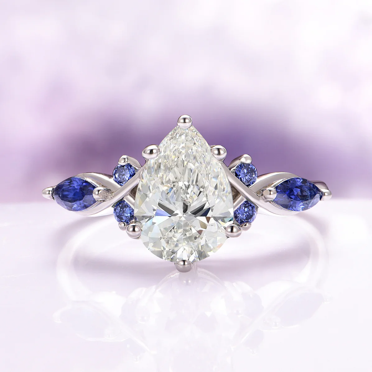Feyra Lab-Grown Diamond and Blue Sapphire Ring Set in 14K White Gold (IGI Certified) - Image 3