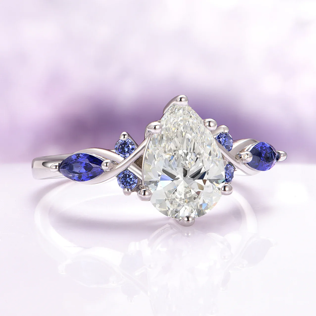 Feyra Lab-Grown Diamond and Blue Sapphire Ring Set in 14K White Gold (IGI Certified) - Image 4
