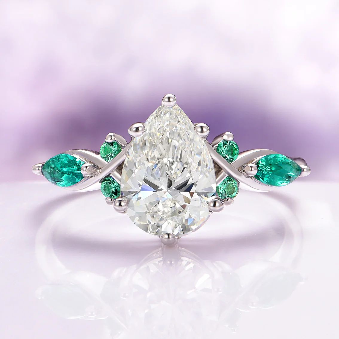 Feyra Lab-Grown Diamond and Emerald Ring Set- 14K White Gold (IGI Certified) - Image 3