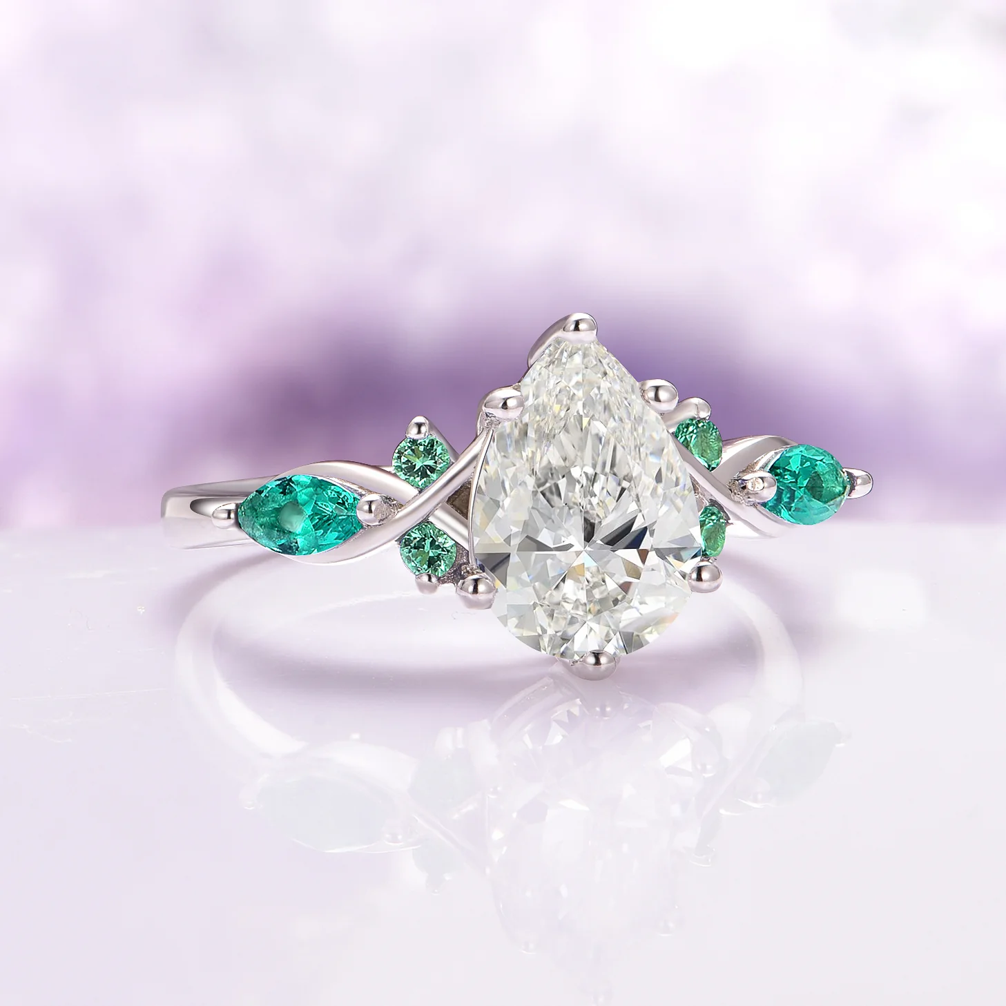 Feyra Lab-Grown Diamond and Emerald Ring Set- 14K White Gold (IGI Certified) - Image 5