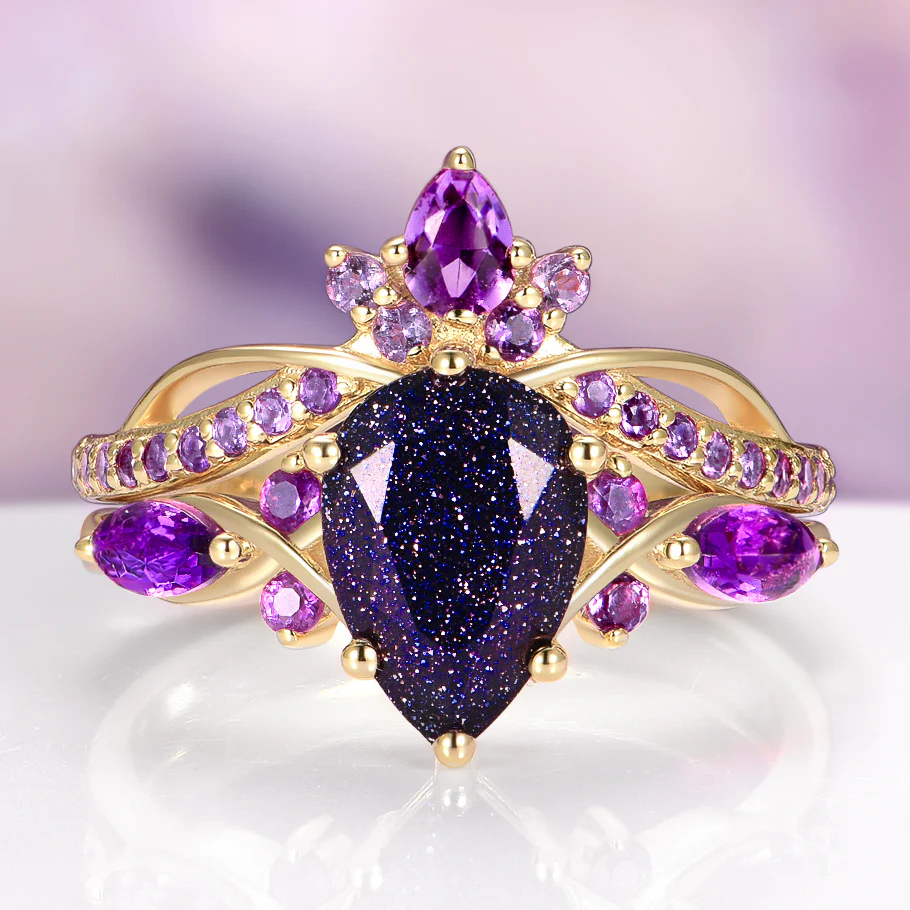 Feyra Starry Night & Amethyst Ring Set in Solid 14K Yellow Gold