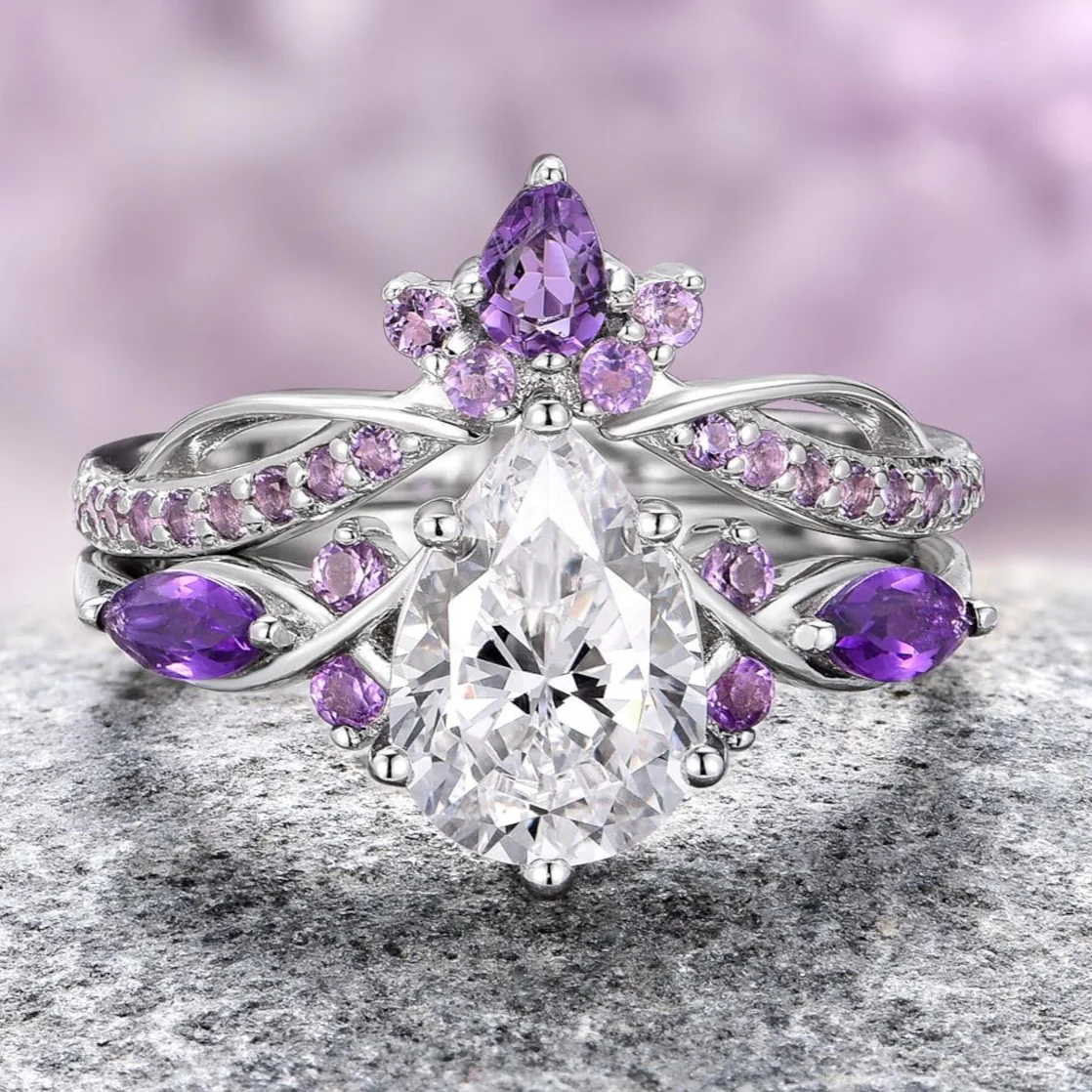 Feyra Natural Amethyst & Simulated Diamond Engagement Ring Set in Sterling Silver