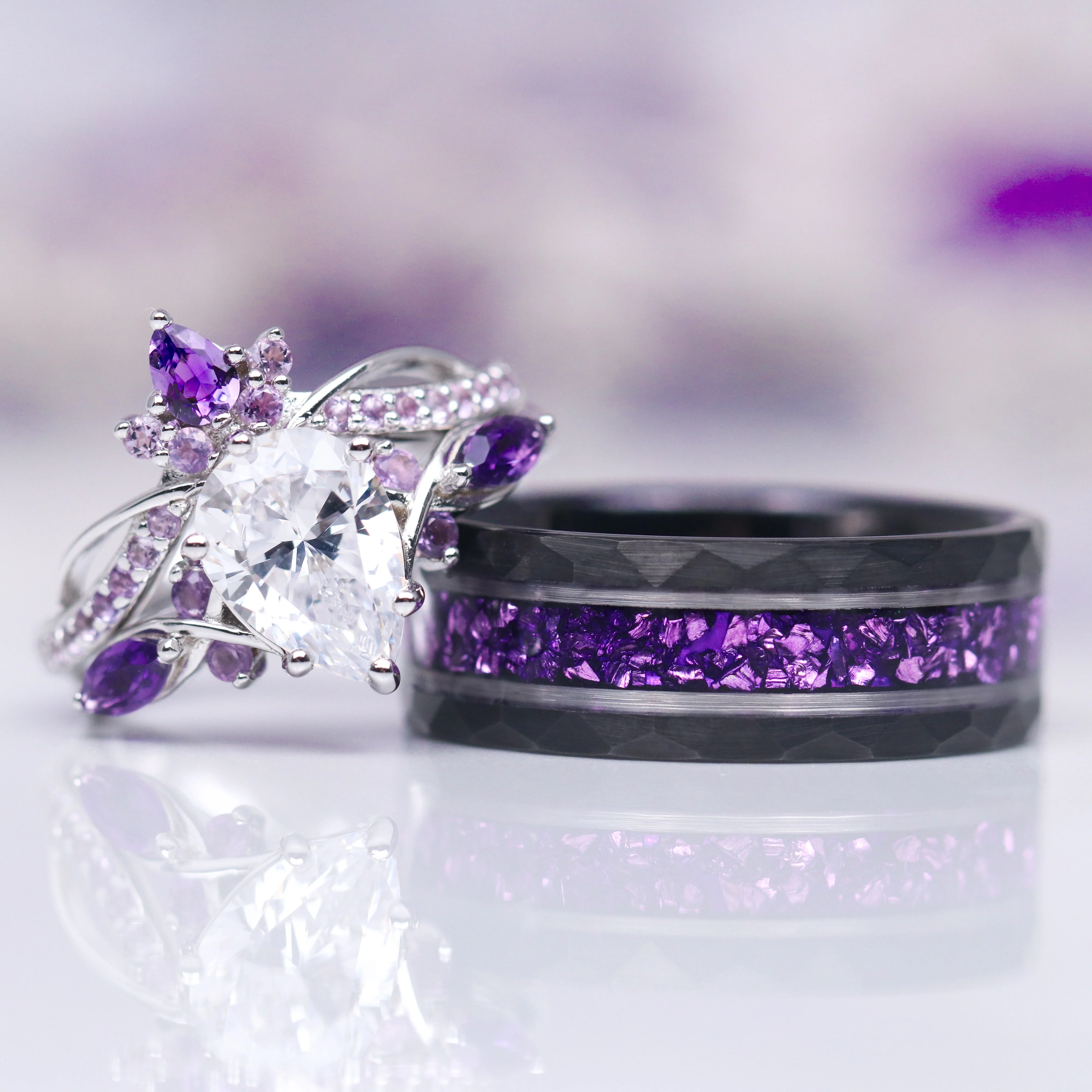 Feyra Natural Amethyst & Simulated Diamond Engagement Ring Set in Sterling Silver - Image 3