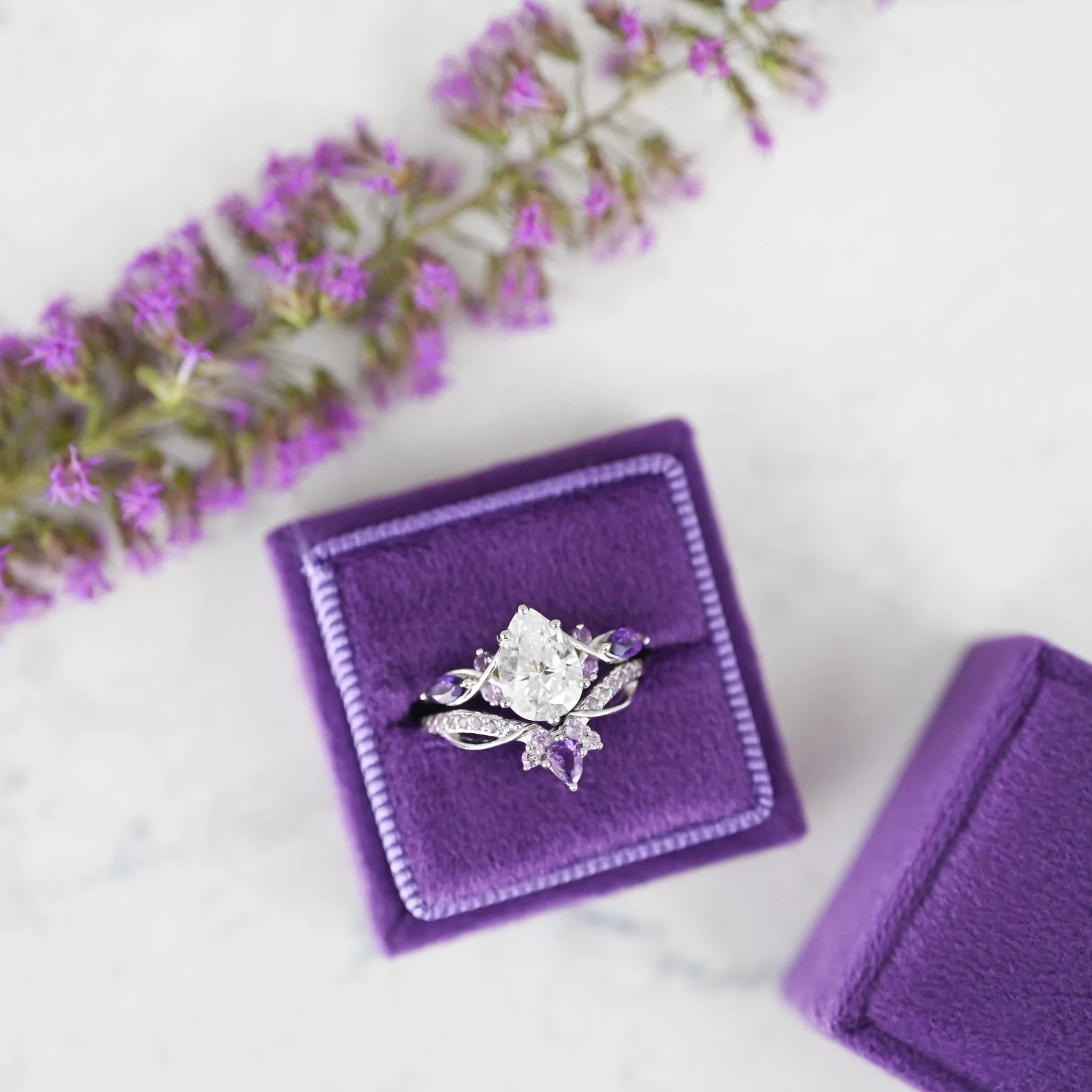 Feyra Natural Amethyst & Simulated Diamond Engagement Ring Set in Sterling Silver - Image 4