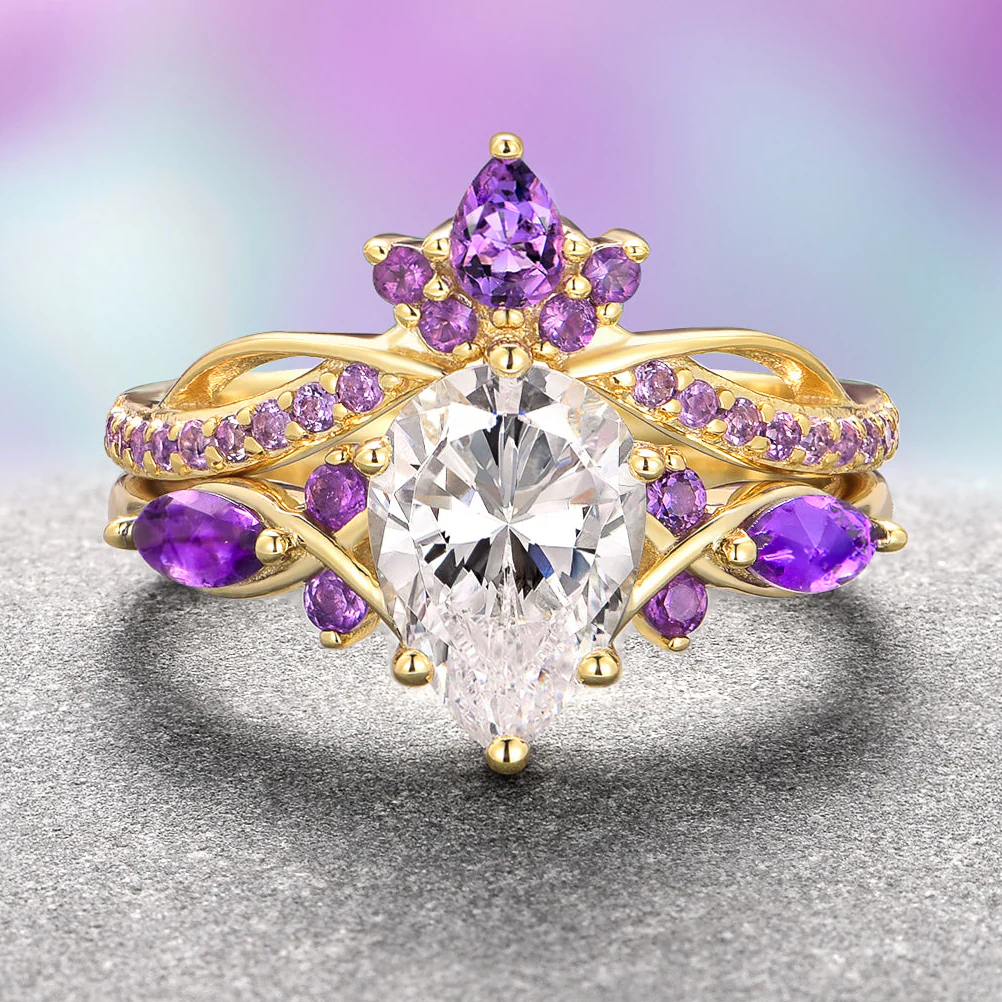 Feyra Amethyst & Moissanite Engagement Ring Set- 14K Solid Yellow Gold