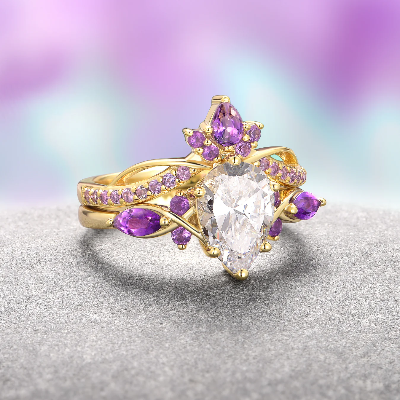 Feyra Amethyst & Moissanite Engagement Ring Set- 14K Solid Yellow Gold - Image 2