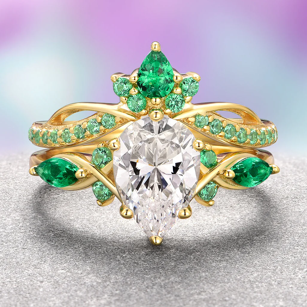 Feyra Lab-Grown Diamond & Emerald Ring Set- 14K Solid Yellow Gold (IGI Certified)
