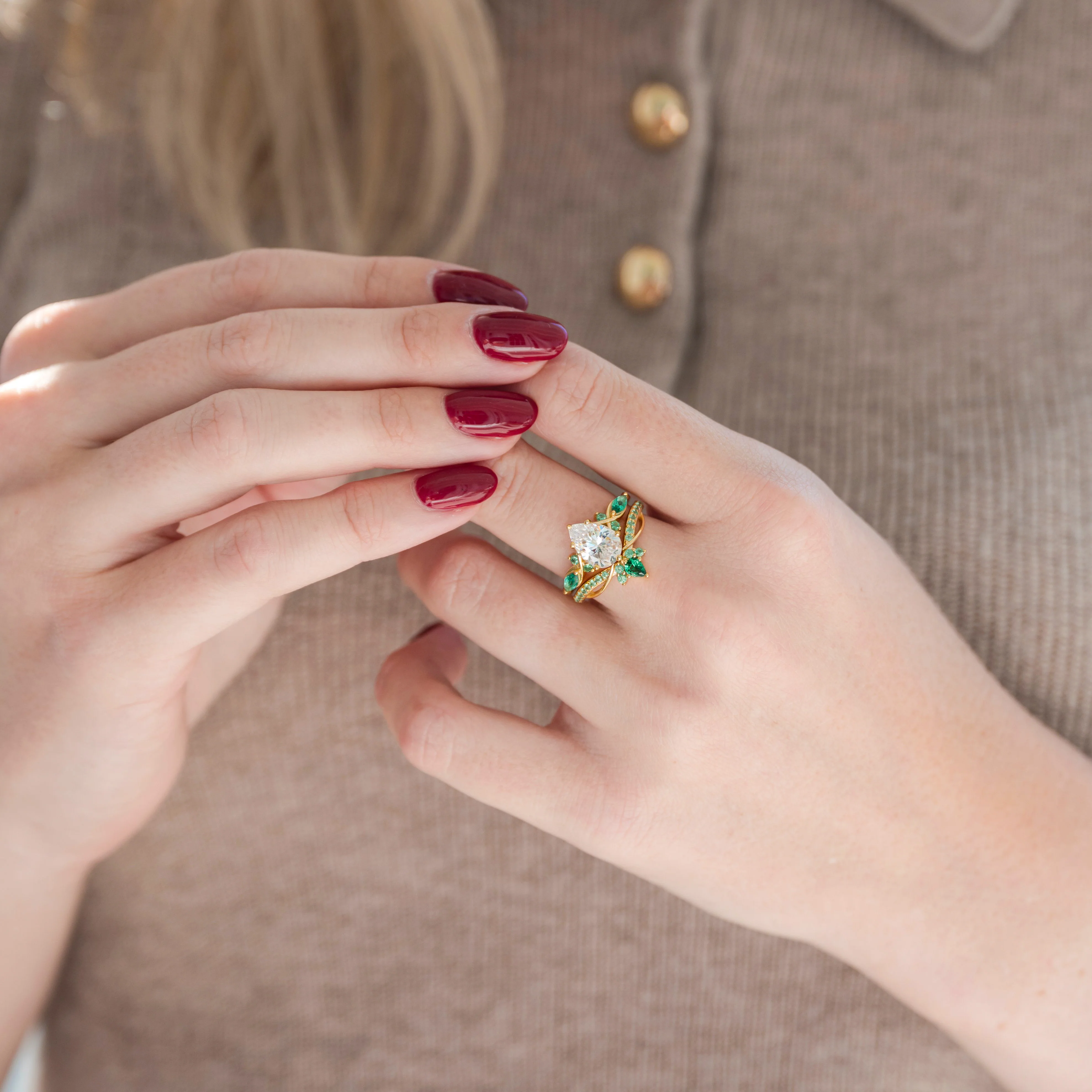 Feyra Lab-Grown Diamond & Emerald Ring Set- 14K Solid Yellow Gold (IGI Certified) - Image 2