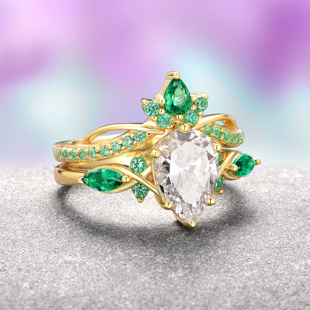 Feyra Lab-Grown Diamond & Emerald Ring Set- 14K Solid Yellow Gold (IGI Certified) - Image 3