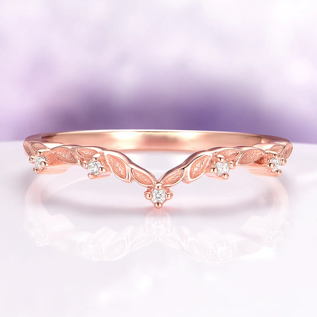 Filigree Leaf Diamond Wedding Band in 14K Solid Rose Gold