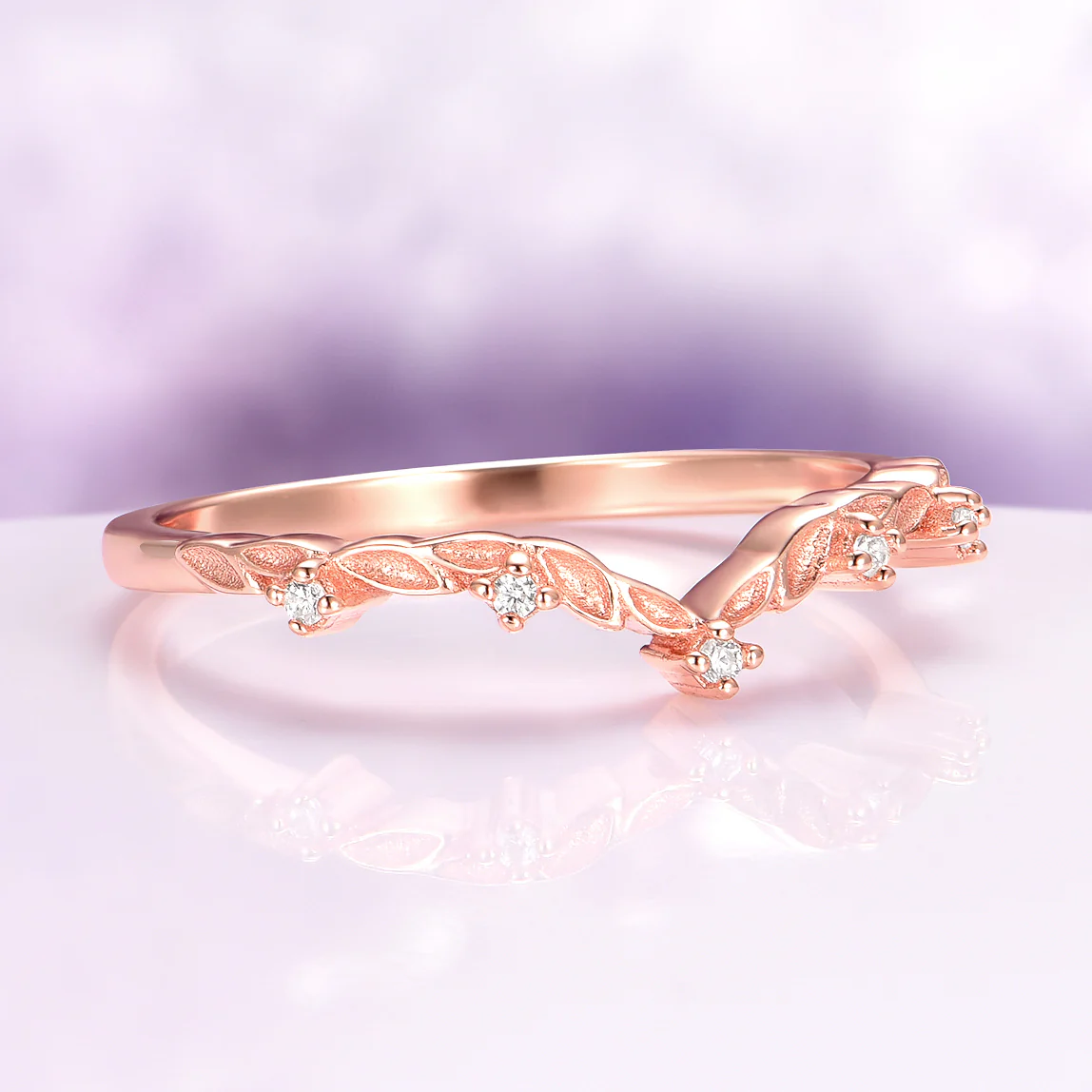 Filigree Leaf Diamond Wedding Band in 14K Solid Rose Gold - Image 4