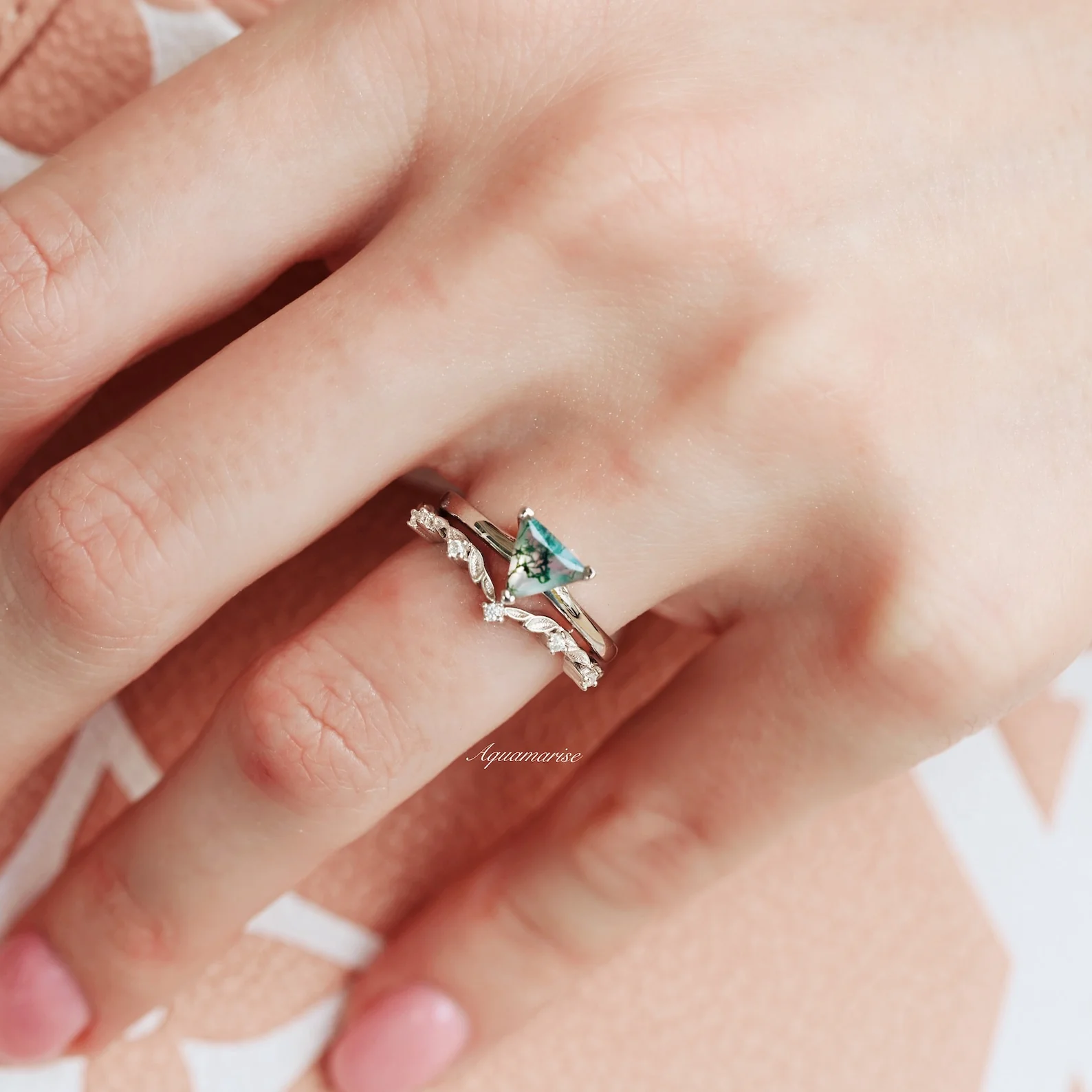 Triangle Green Moss Agate Engagement Ring in 14K White Gold - Image 3