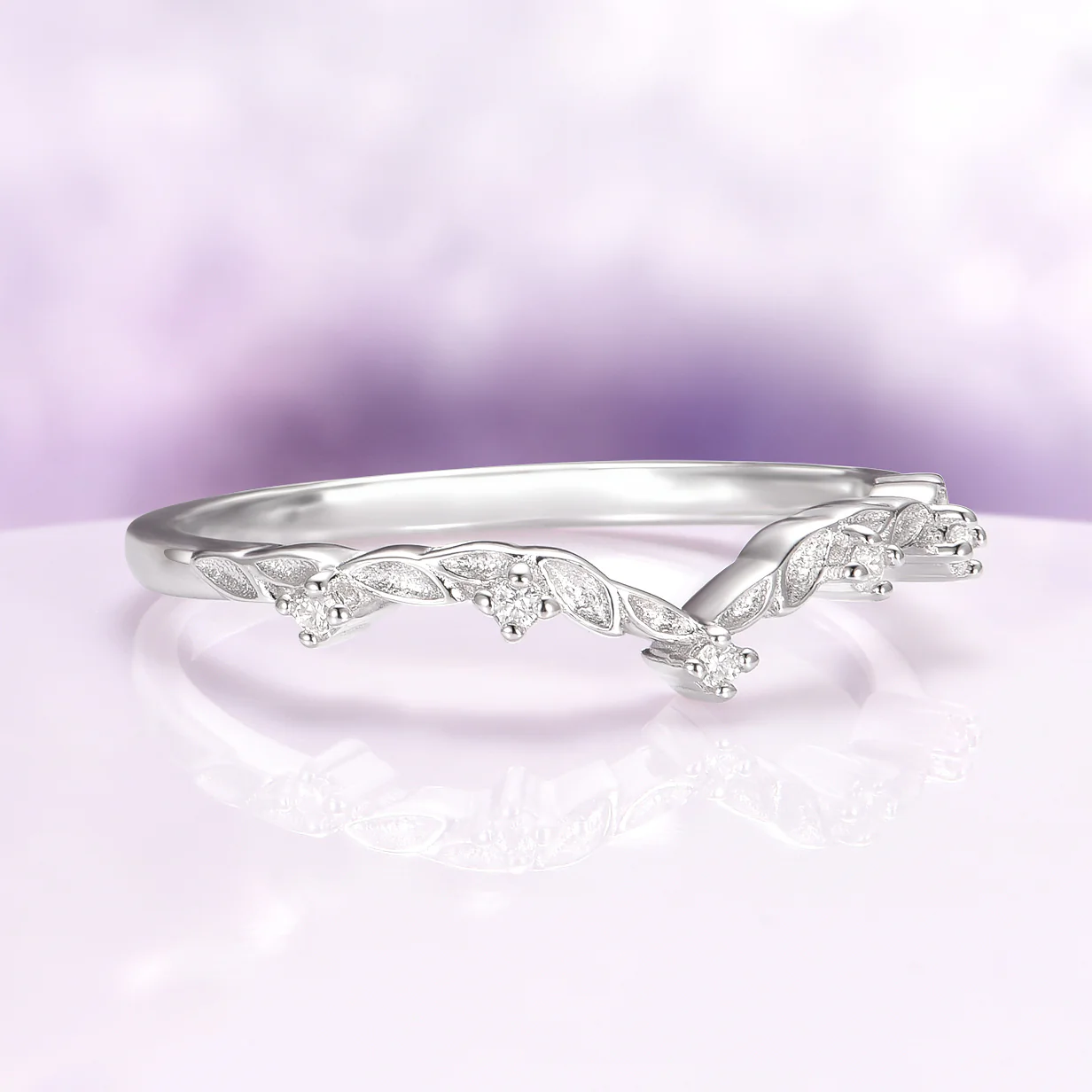 Filigree Leaf Natural Diamond Wedding Band in 14K White Gold - Image 4